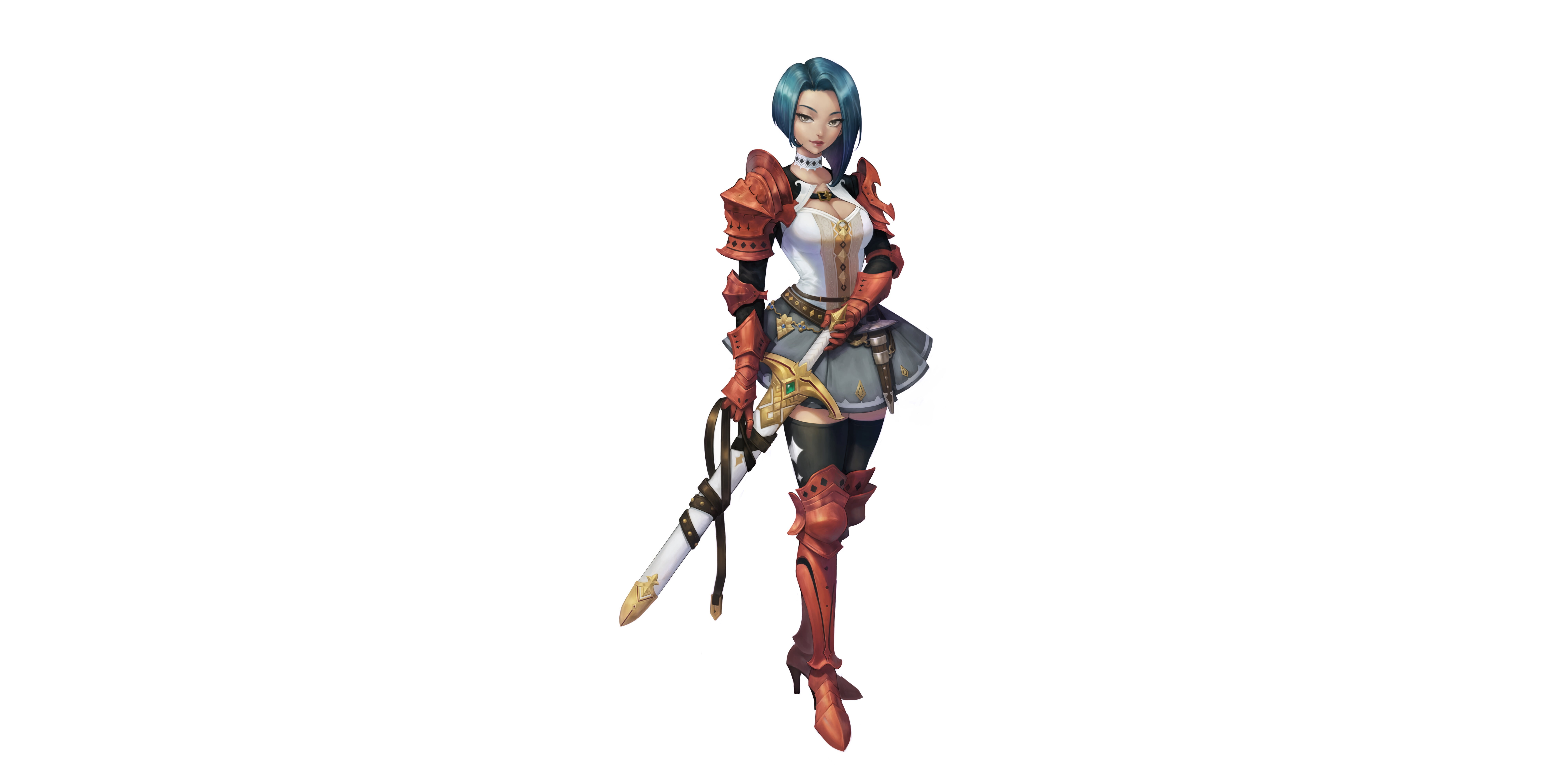 Background, Minimalism, Soyun Won, Art, Fantasy, Armor, Sword, Red Knight, Girl, Style, 8K, Character, HD Wallpaper