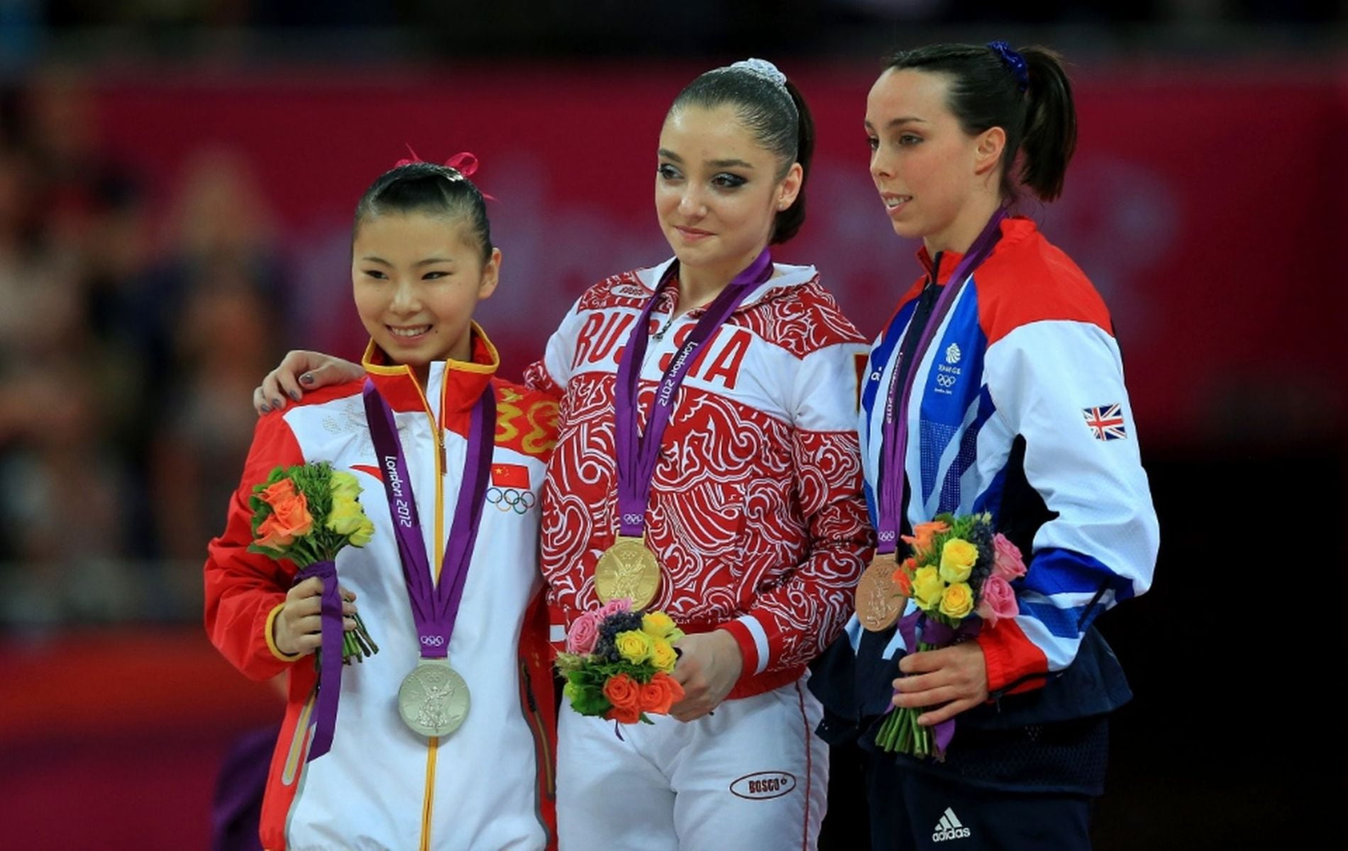 Sports, clothing, child, red, white, jacket, people, girls, females, Olympics, emotion, won, mustafina, s, group of people, focus on foreground, traditional clothing, HD Wallpaper