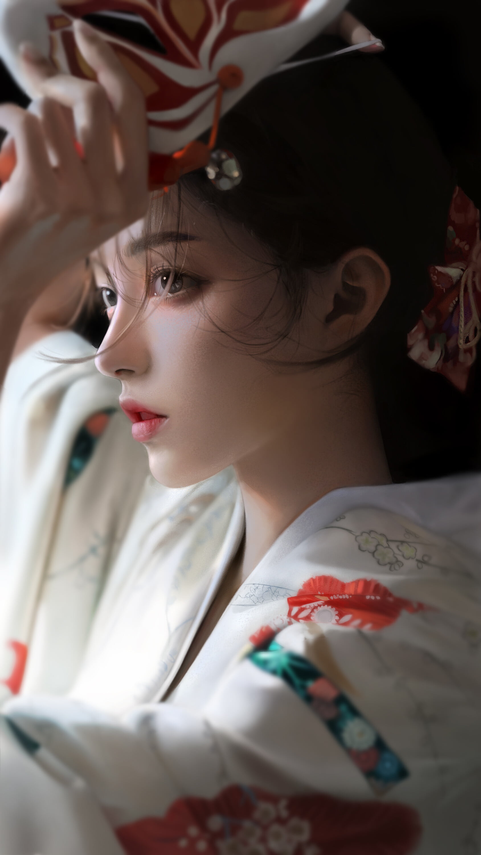 mask, looking away, women, white clothing, 2K, portrait, brunette, Asian, J. Won Han, drawing, dress, Phone HD Wallpaper