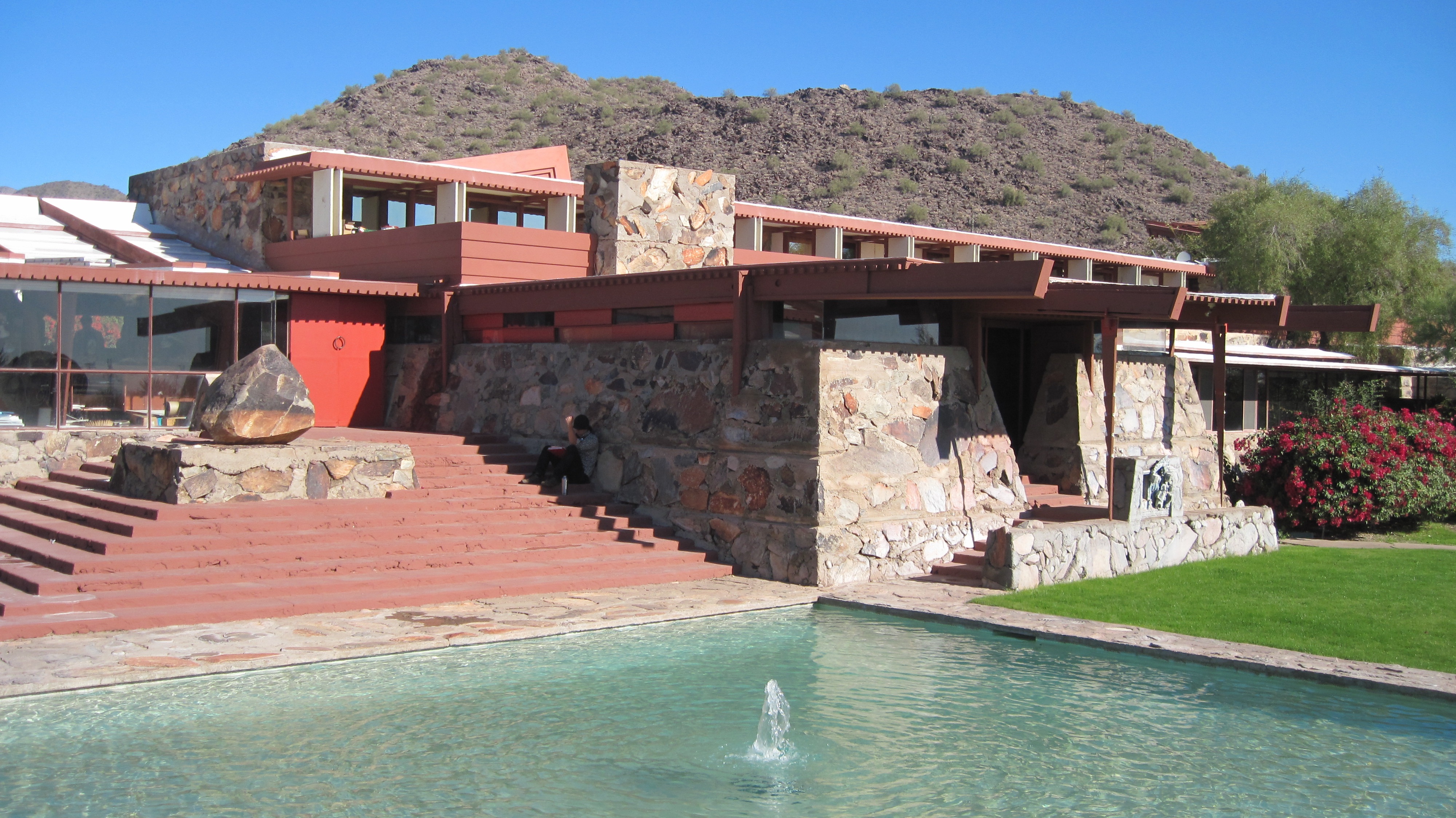 mountain, staircase, tree, nature, plant, day, house, sky, outdoors, no people, roof, swimming pool, water, travel destinations, frank lloyd wright, 4K, HD Wallpaper