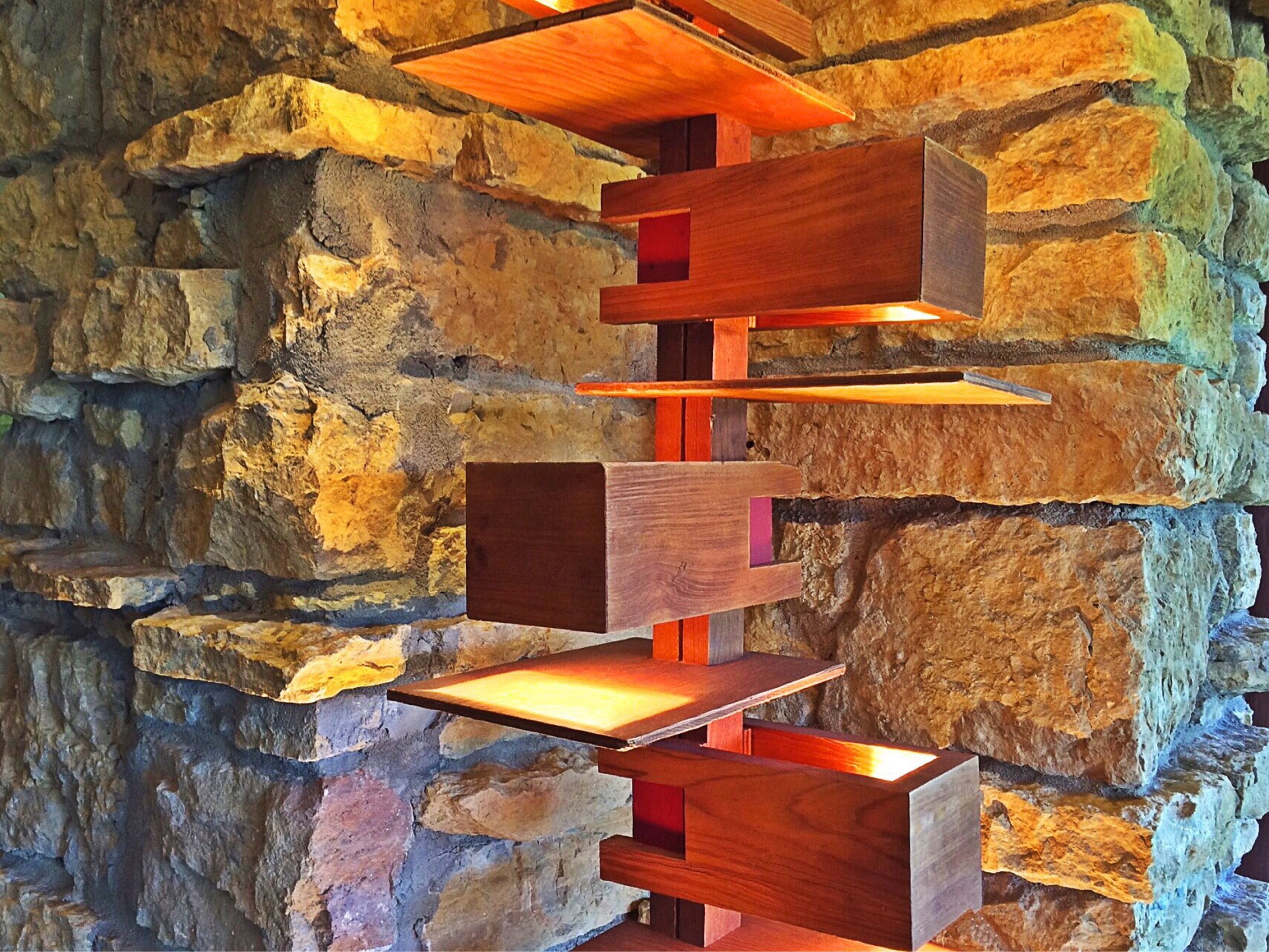 stone material, frank lloyd wright, day, multi colored, architecture, wood - material, lighting, brick, built structure, wall - building feature, full frame, HD Wallpaper