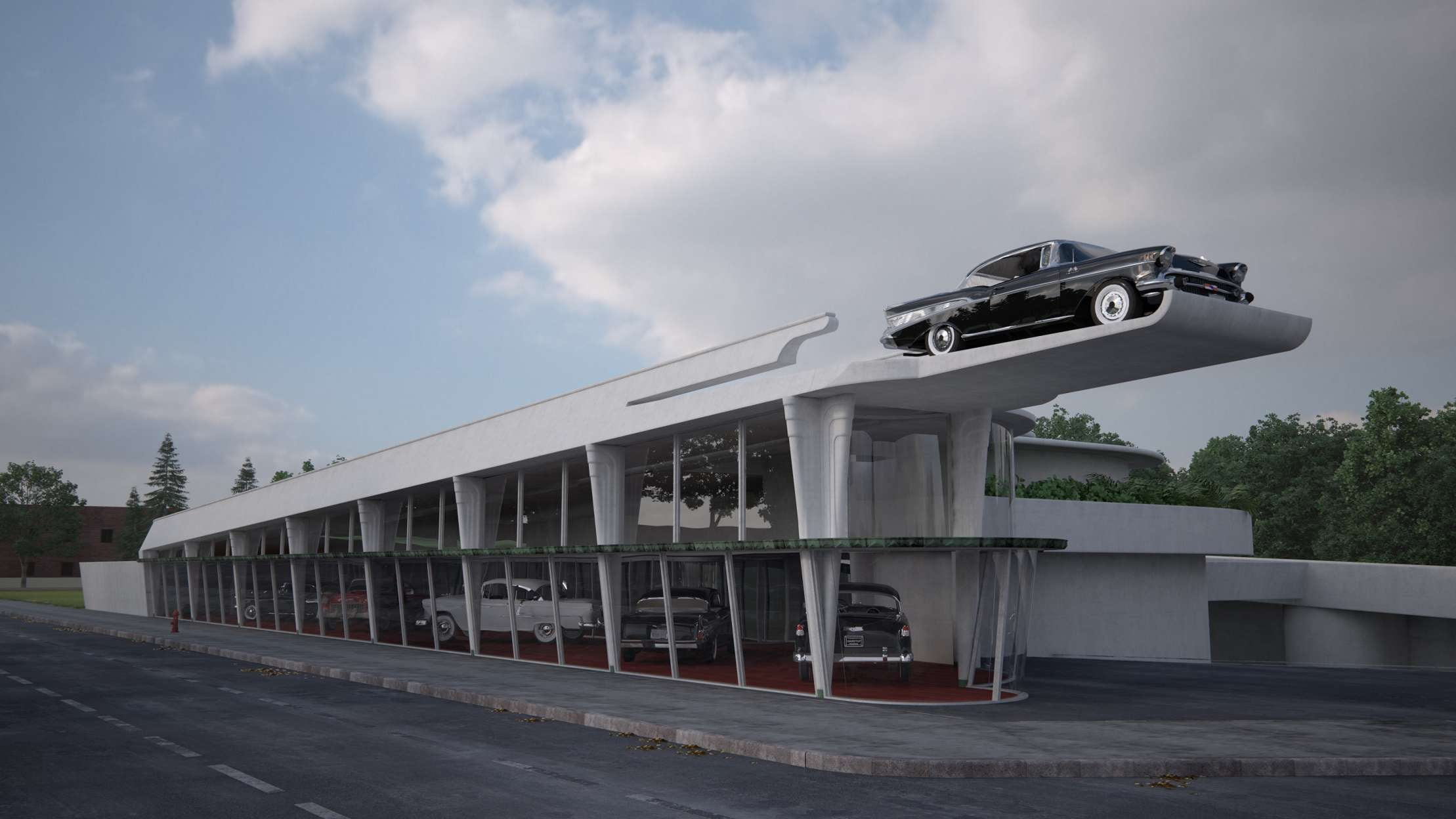 trees, vehicle, urban, Frank Lloyd Wright, classic car, 1080P, building, architecture, car show, road, car, black cars, HD Wallpaper