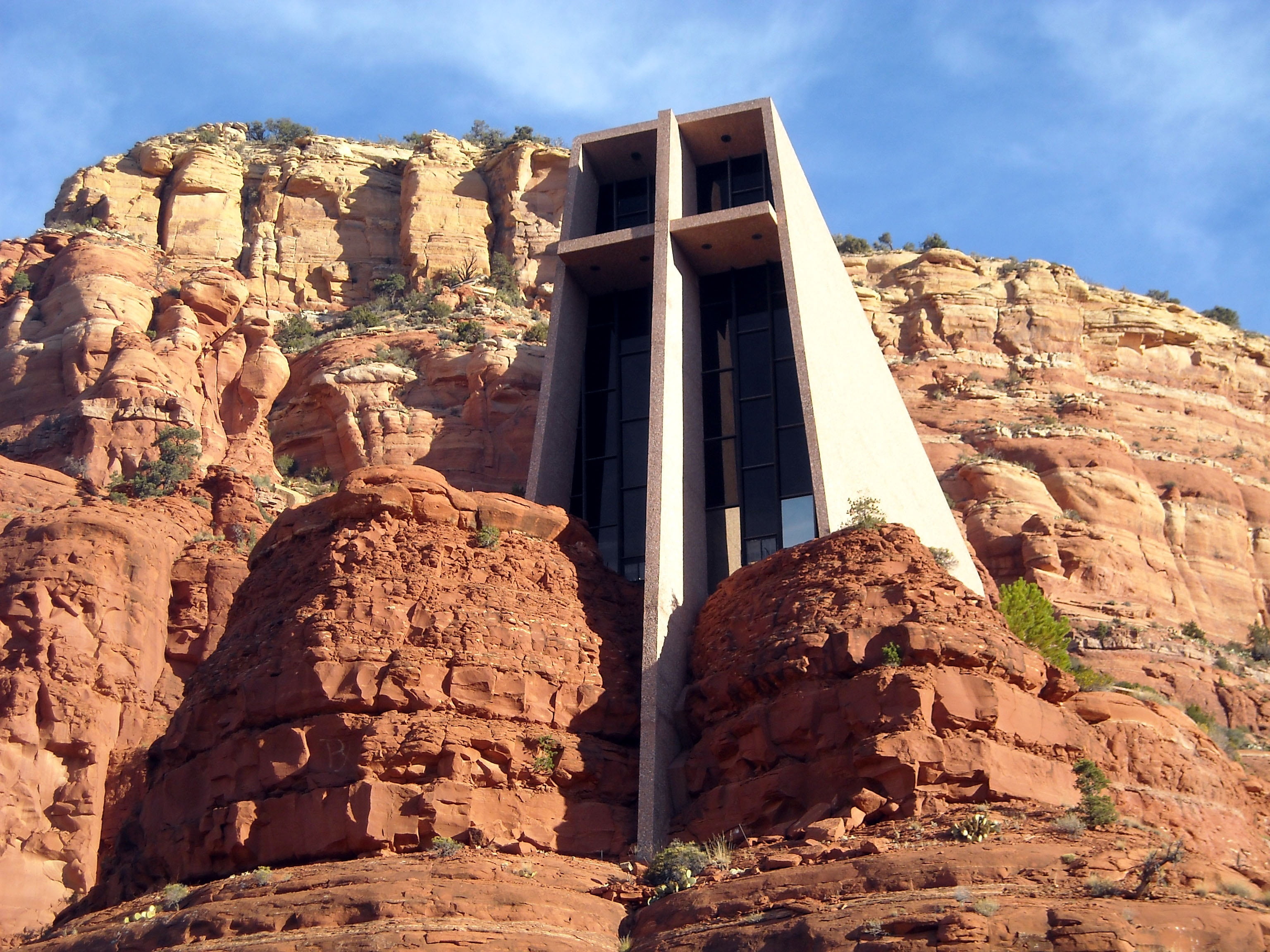 church, travel, history, solid, ancient, frank lloyd wright, building exterior, rock - object, architecture, nature, religion, blue sky, tourism, cross, HD Wallpaper