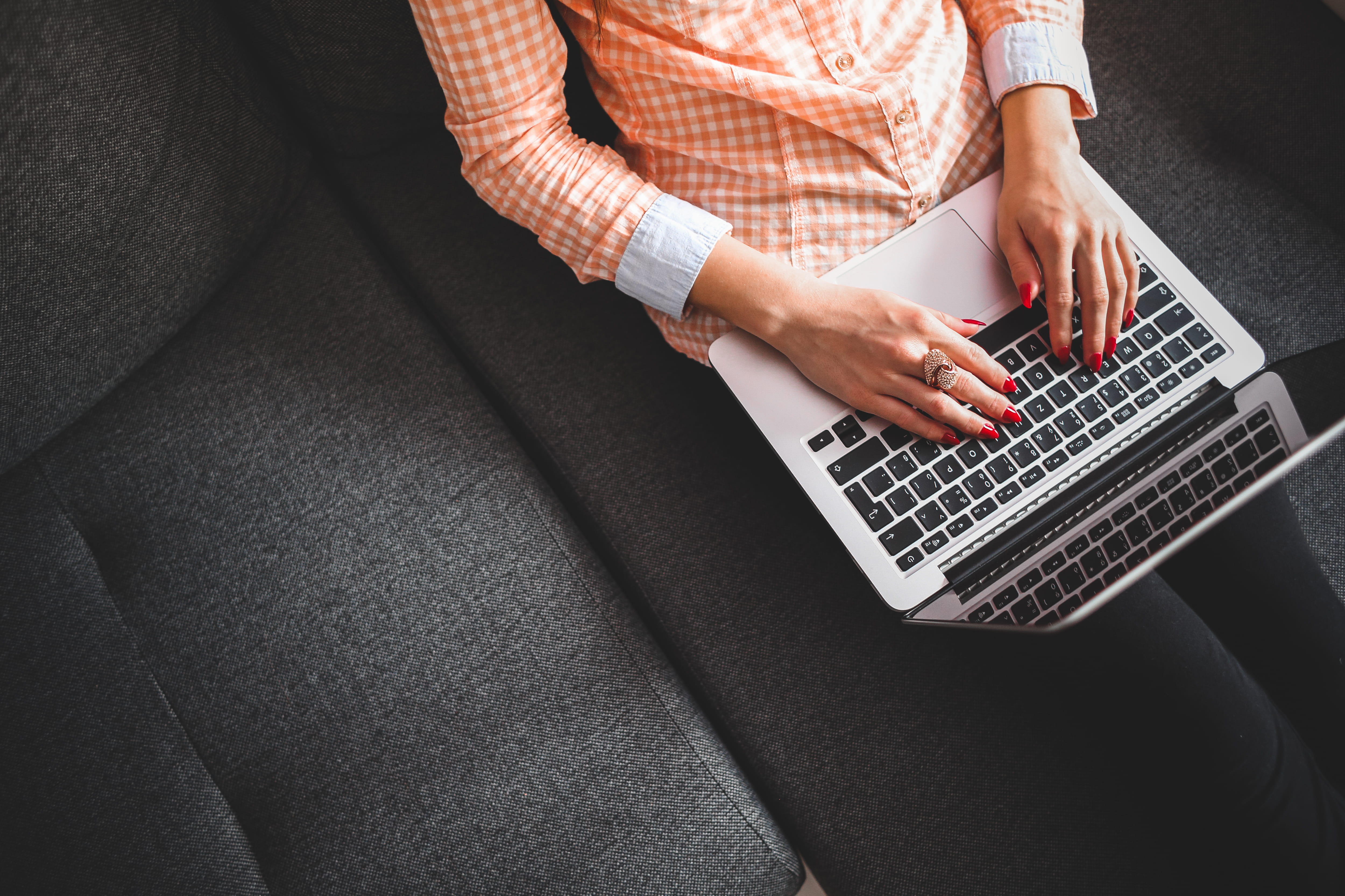 keyboard, indoors, typing, communication, hand, people, write, using laptop, sofa, 4K, surfing the net, connection, studying, laptop, women, top, casual clothing, HD Wallpaper