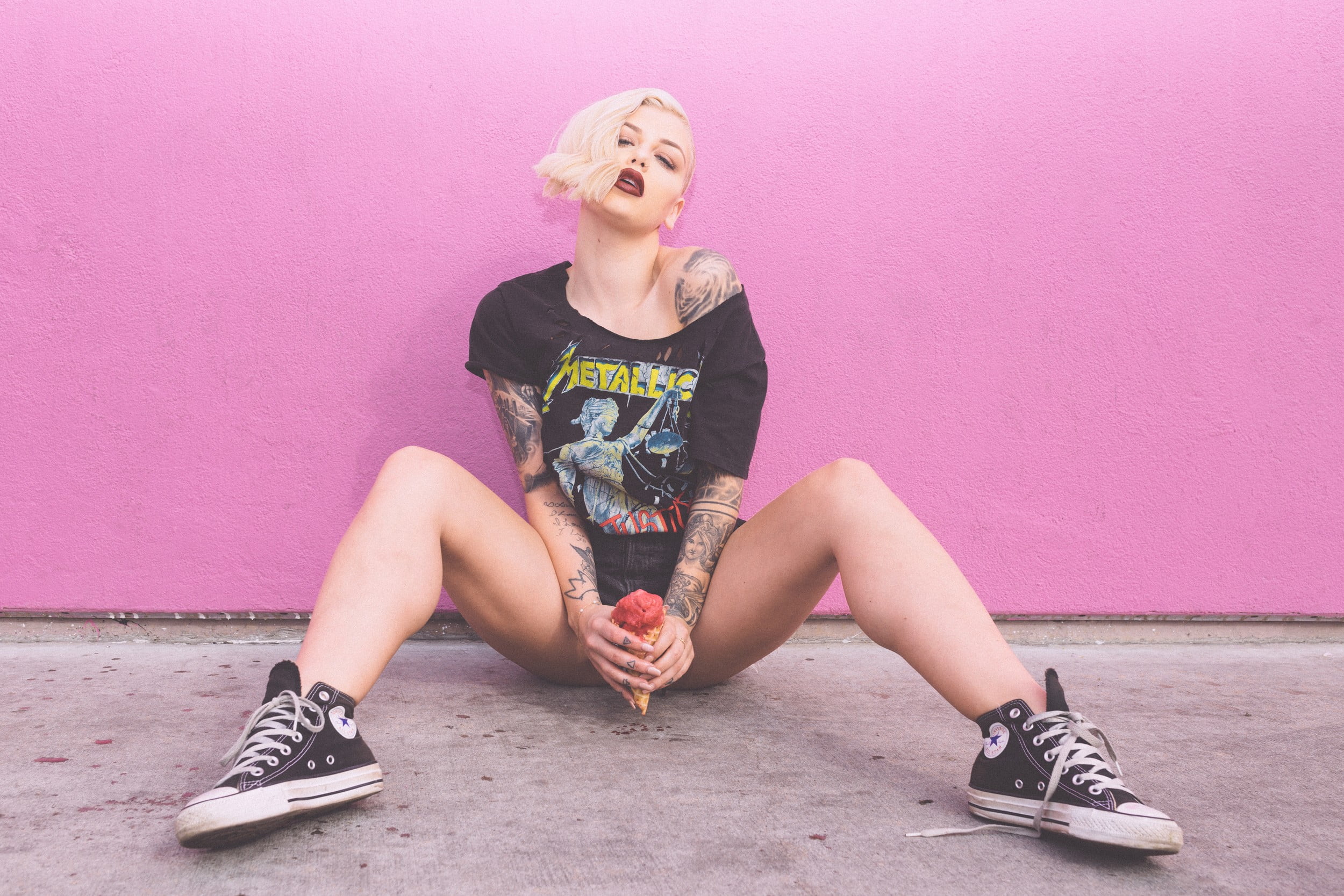 hairstyle, full length, sitting, shirt, childhood, 1080P, suggestive, real people, pink color, leisure activity, shoe, young adult, casual clothing, s, HD Wallpaper