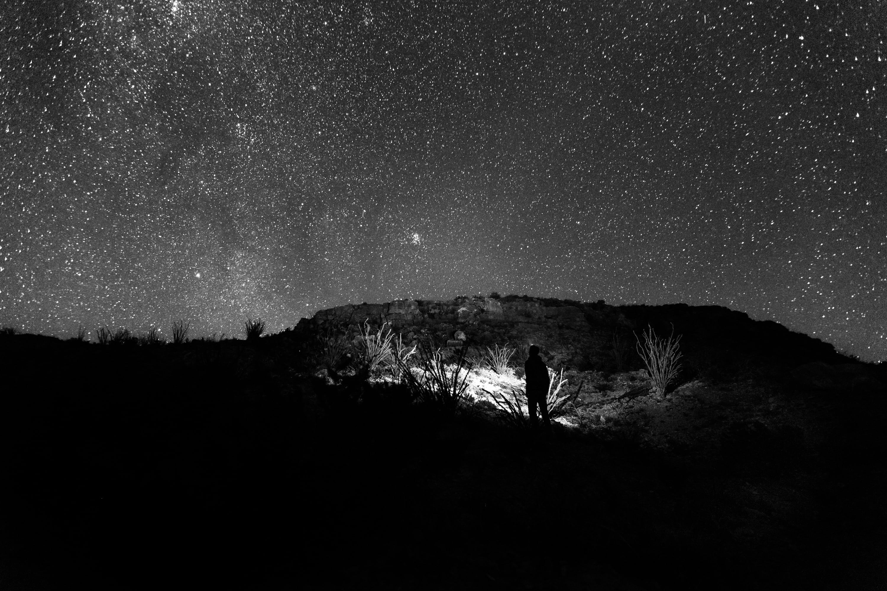 starry, leisure activity, night sky stars, silhouette, mountain, milky Way, 2K, star field, one person, dark, constellation, star, beauty in nature, white, HD Wallpaper