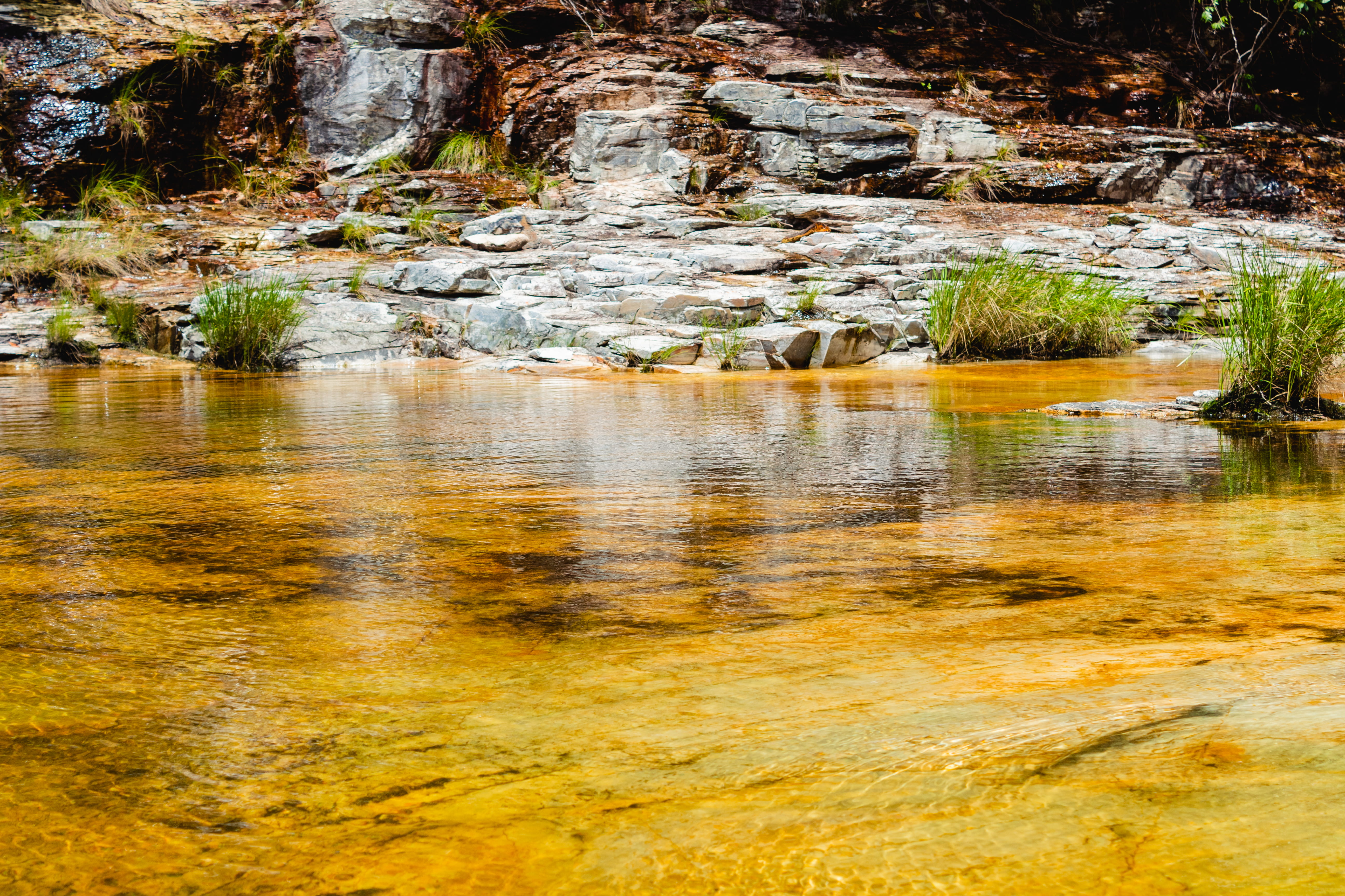 river, flowing, no people, brazil, stream, rock, reflection, cliff, lake, tranquility, power in nature, nature, rock - object, wilderness, rock formation, HD Wallpaper