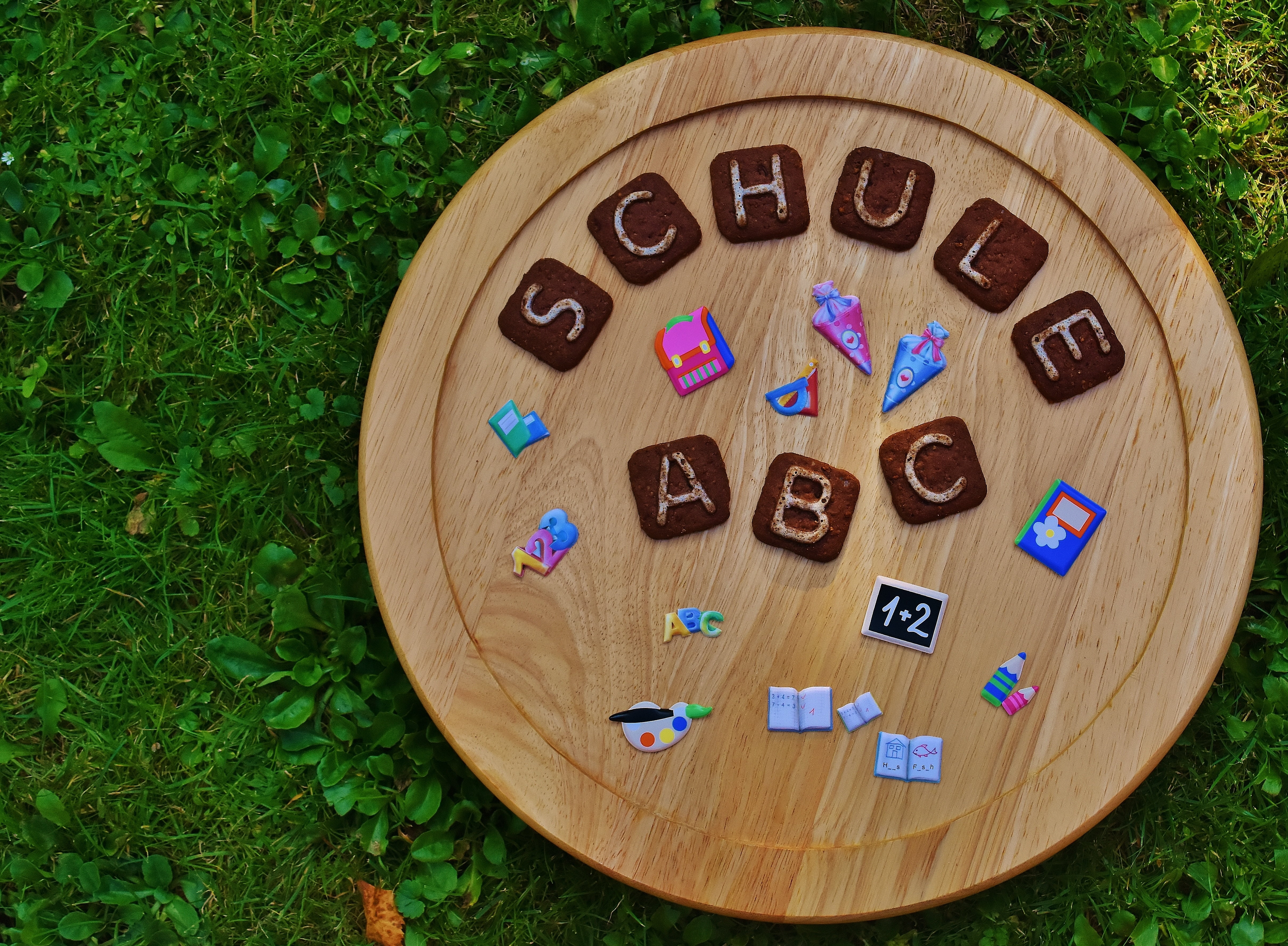 font, directly above, grass, green, brown, round, joy, field, children, schultüte, creativity, board, plant, wooden, day, land, schulbeginn, leisure games, HD Wallpaper