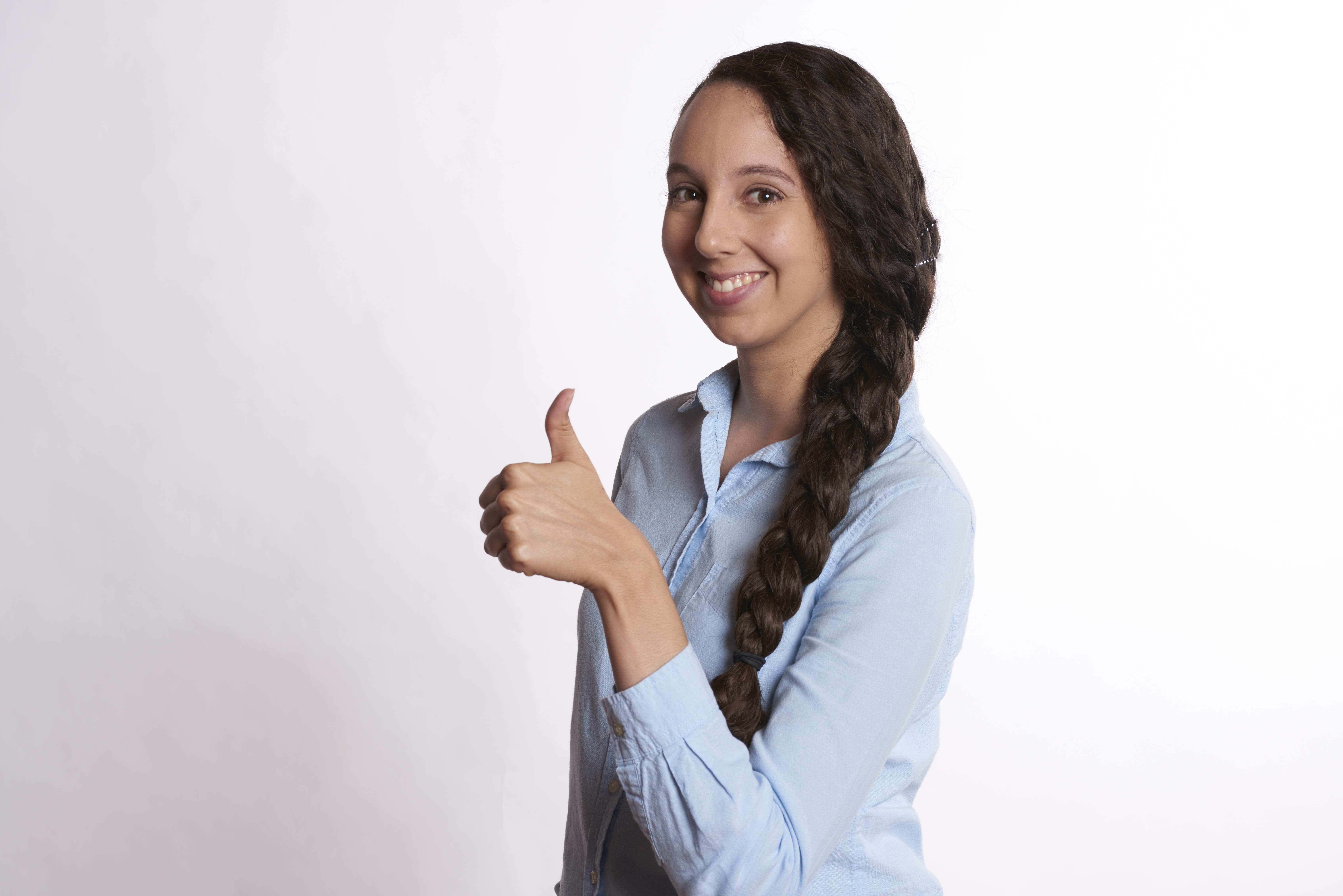 white background, long hair, happiness, copy space, one woman only, office, sign, portrait, work, studio shot, hiring, casual, modern, Female, ideas, only women, HD Wallpaper