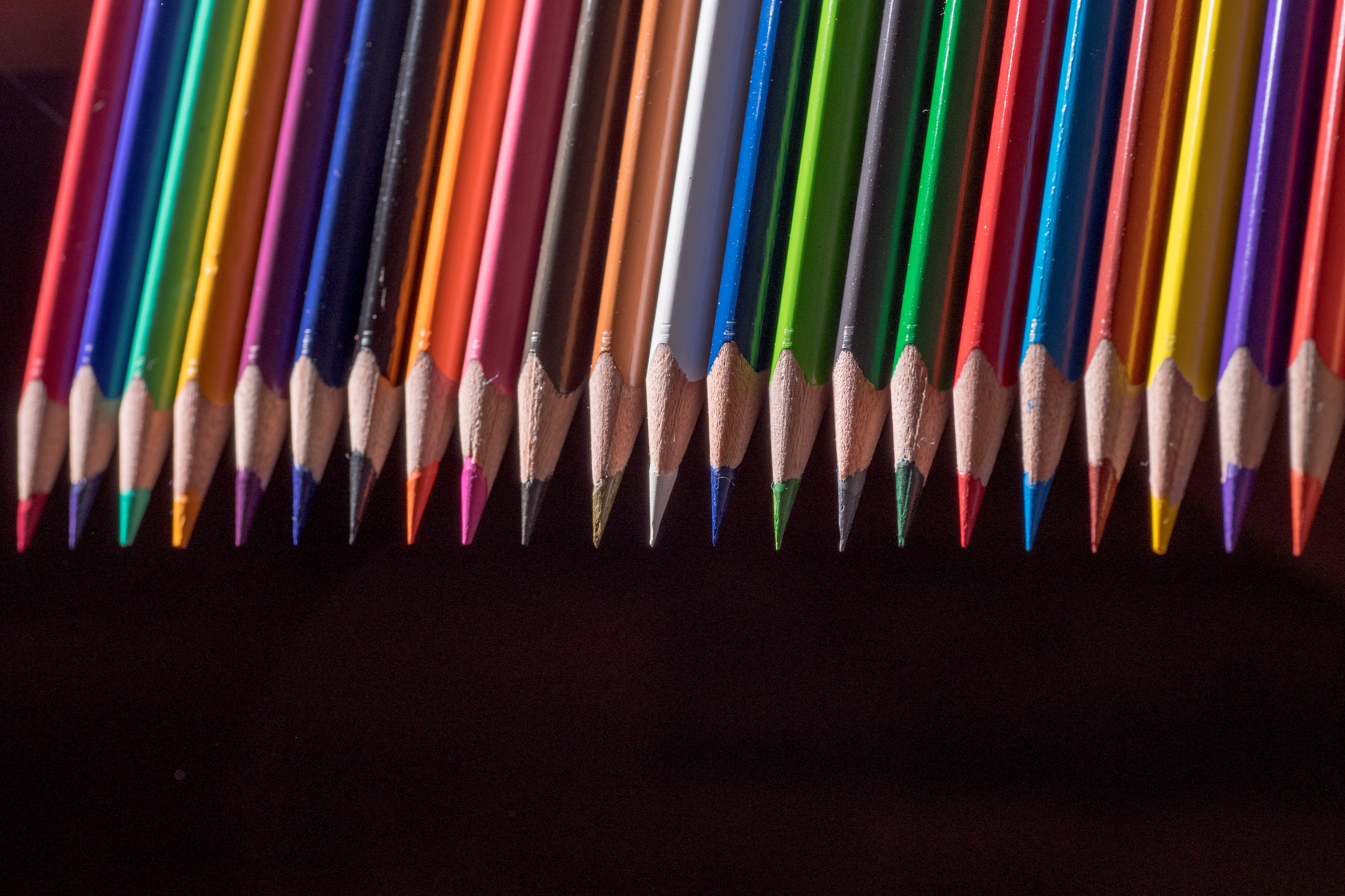 multi Colored, in a row, macro, indoors, art and craft, 4K, close, still life, person, children, office, pencil, leave, colour pencils, side by side, crayons, HD Wallpaper
