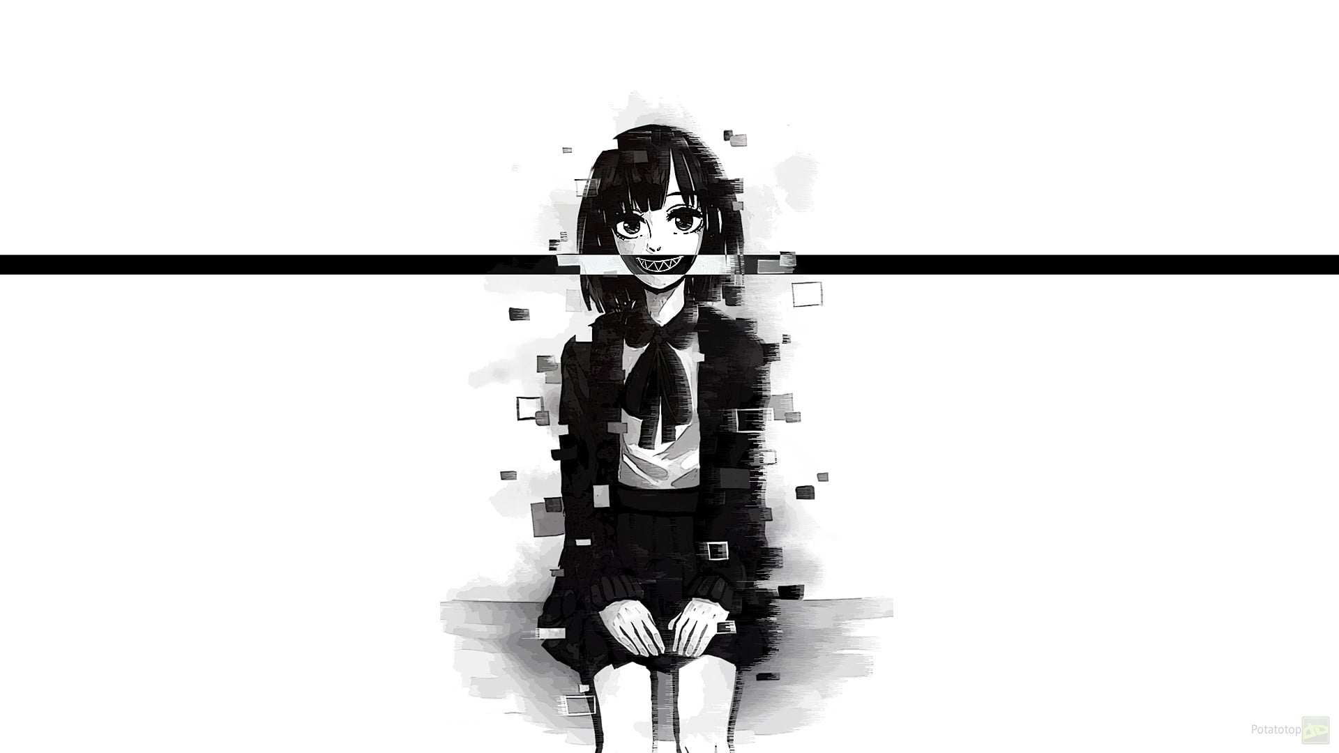 black, long, leisure activity, indoors, reflection, glitch art, front view, obscured face, standing, original characters, waist up, symmetry, uniform, women, HD Wallpaper