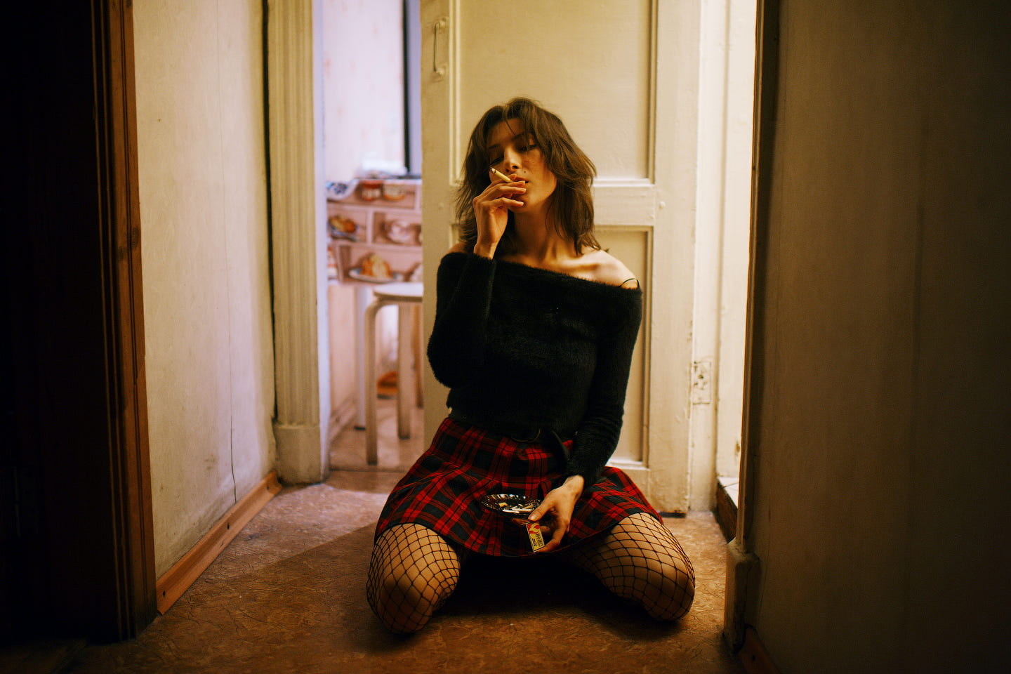 bare shoulders, women, women indoors, model, Marat Safin, smoking, brunette, kneeling, short hair, Russian Model, Russian women, plaid skirt, cigarettes, HD Wallpaper