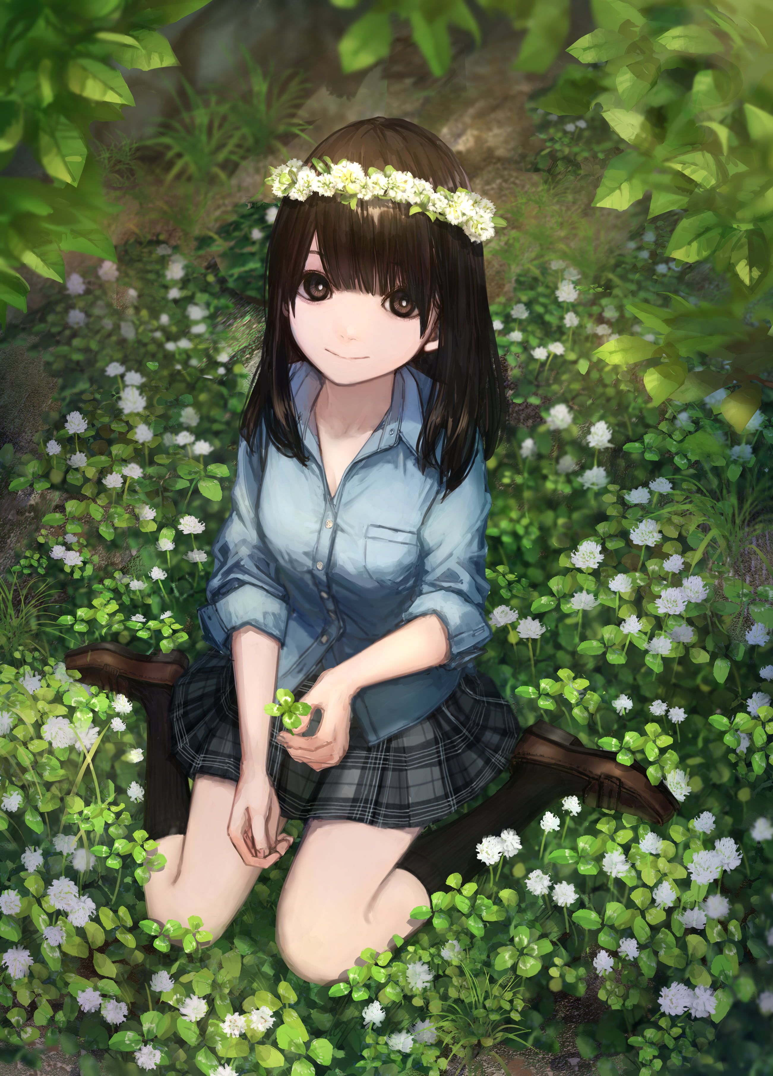 schoolgirl, brown eyes, anime girls, socks, brunette, smiling, outdoors, nature, leaves, flowers, original characters, drawing, plaid skirt, kneeling, digital art, Phone HD Wallpaper