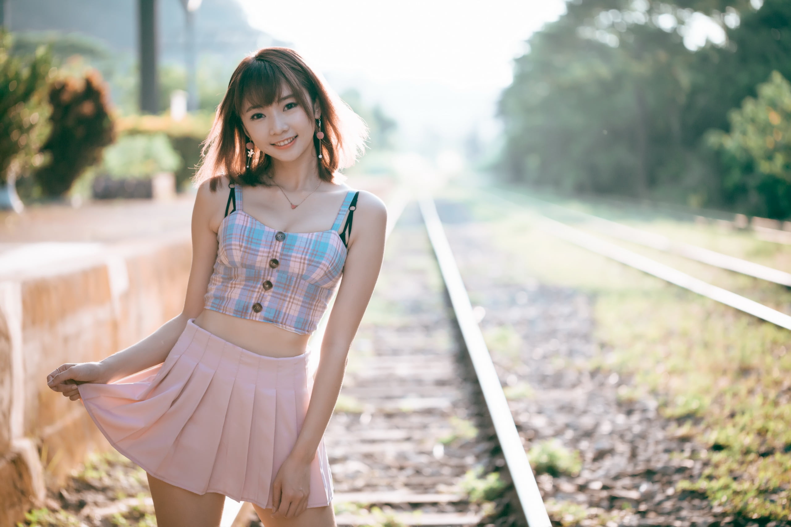 Depth Of Field, Woman, Brunette, Women, Skirt, Asian, Plaid, Girl, Model, 2K, Smile, HD Wallpaper