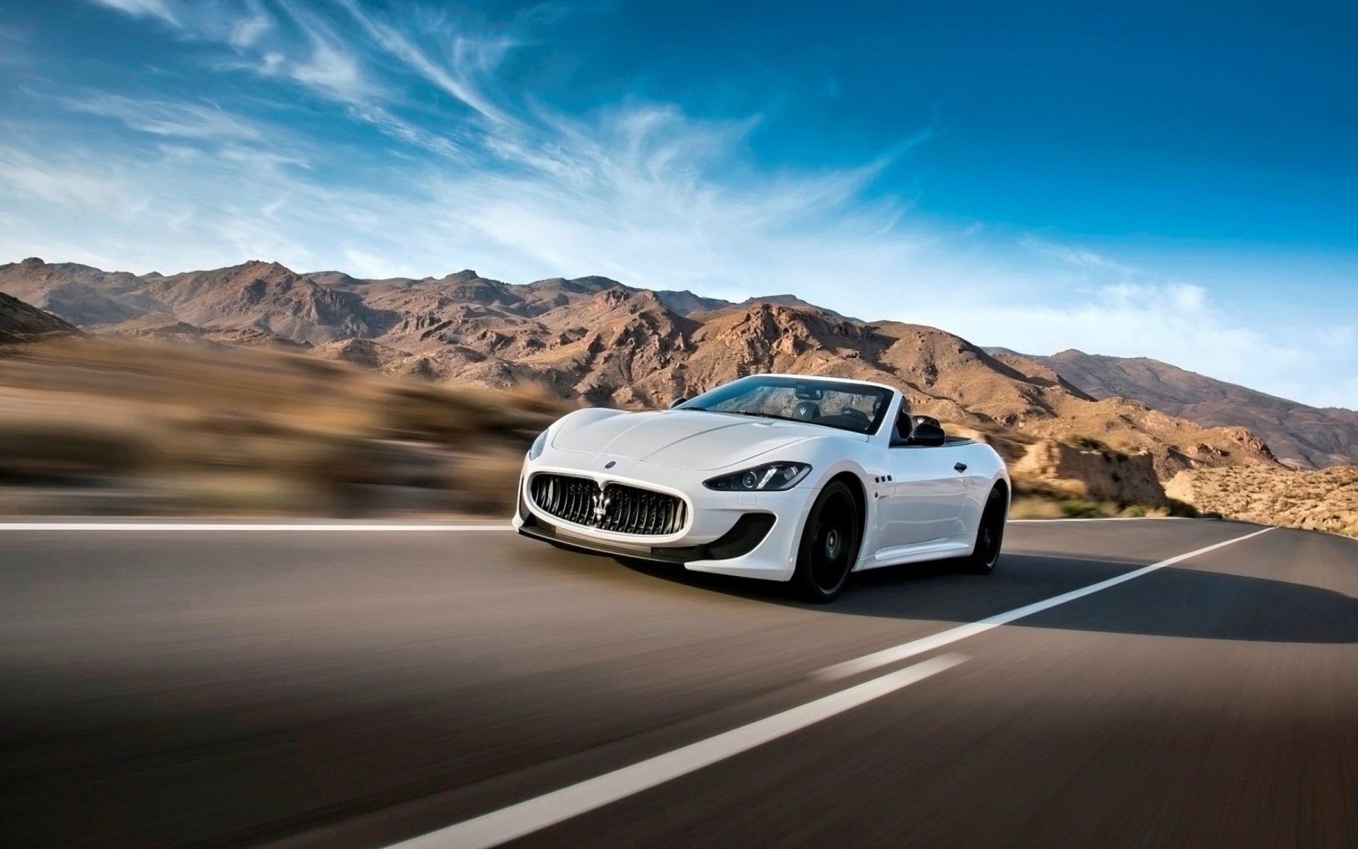 1080P, blurred motion, land vehicle, beauty in nature, motion, speed, no people, mountain range, road, scenics - nature, mode of transportation, Maserati, HD Wallpaper