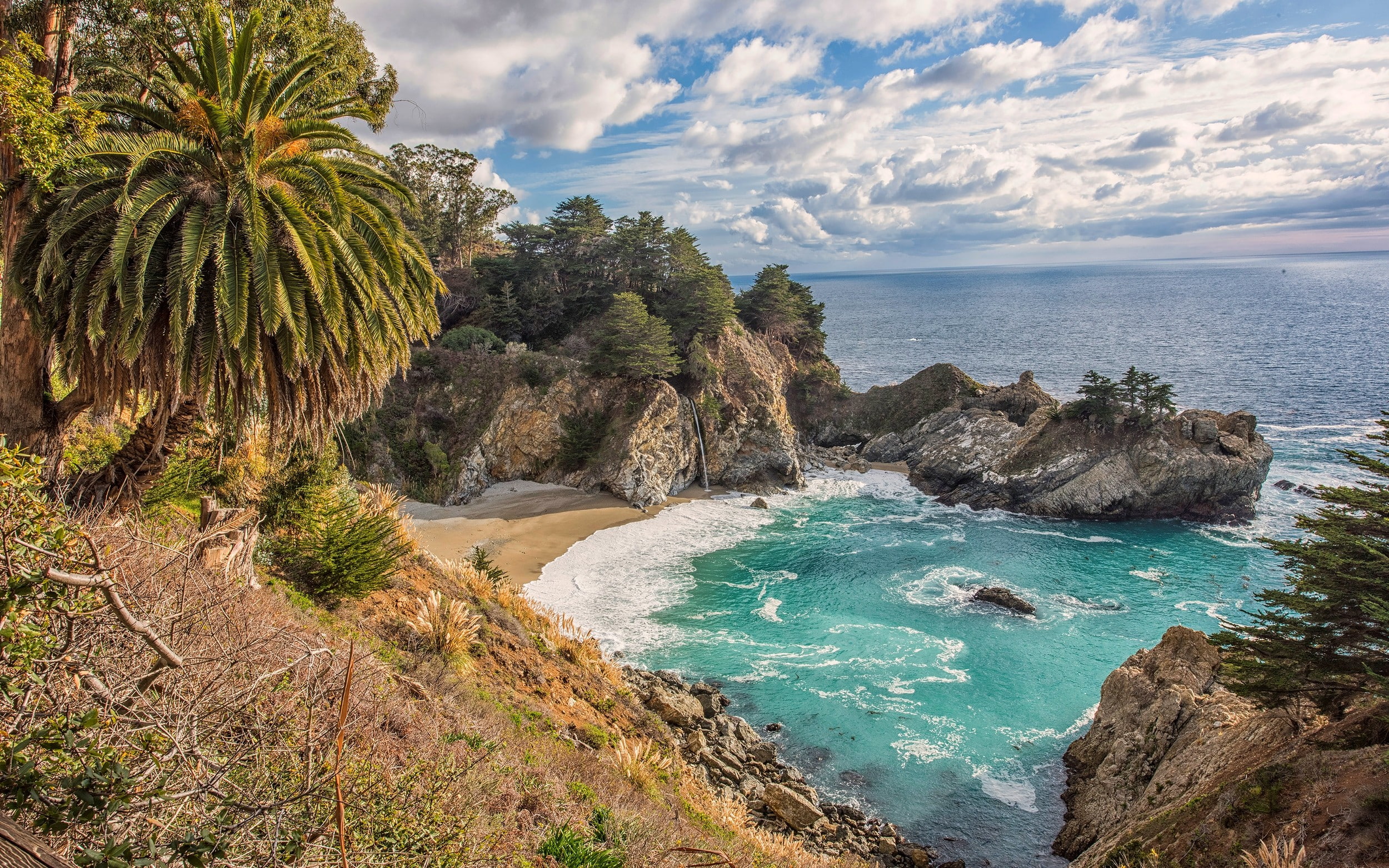 sea, California, rock, clouds, beach, Mc Way Falls, landscape, 1080P, nature, palm trees, HD Wallpaper