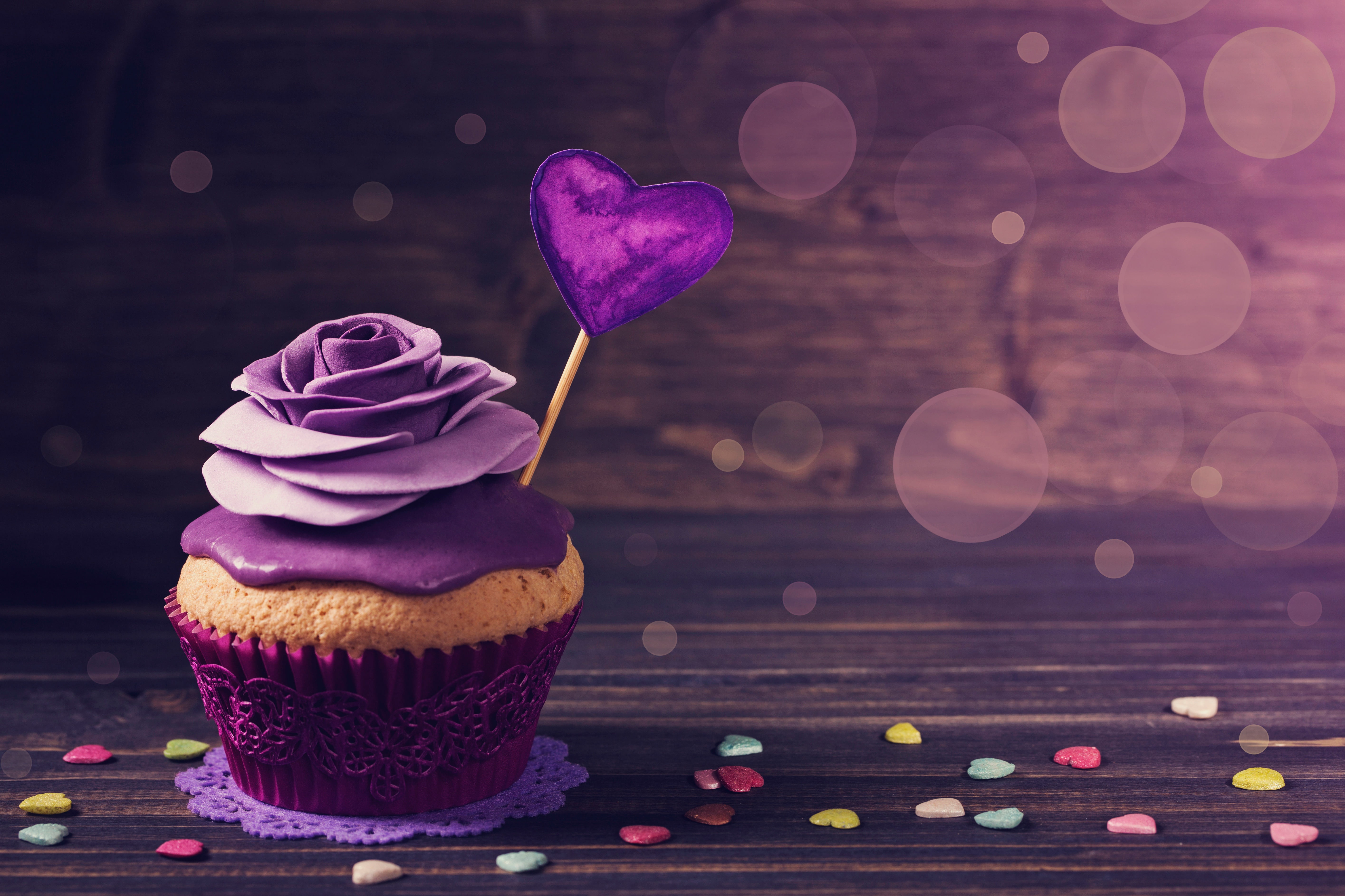 glare, rosette, heart, background, cupcake, cream, Valentines day, 5K, cake, the sweetness, HD Wallpaper