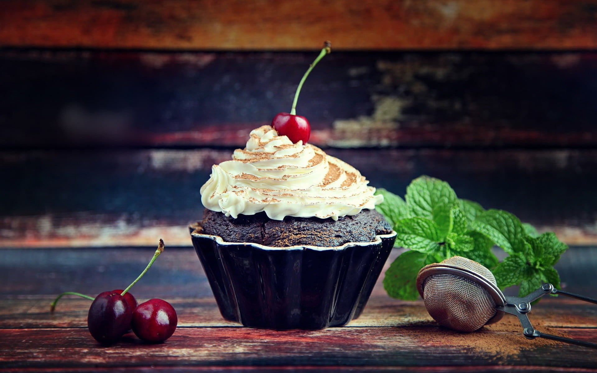 sweet food, healthy eating, cherry, leaf, cupcake, close-up, temptation, garnish, red, food, 1080P, no people, fruit, indoors, ready-to-eat, herb, indulgence, HD Wallpaper