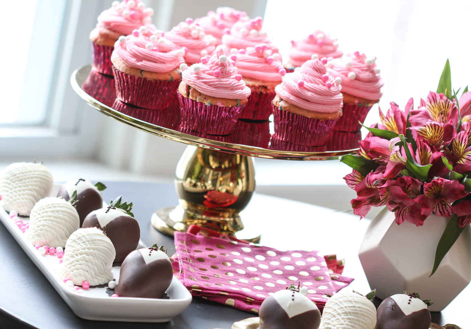 tray, celebration, sprinkles, fancy, cream, tuxedo, treat, wedding, white, dipped, next, snack, cake, Wedding dress, pastry, pink cupcakes, vase of flowers, HD Wallpaper