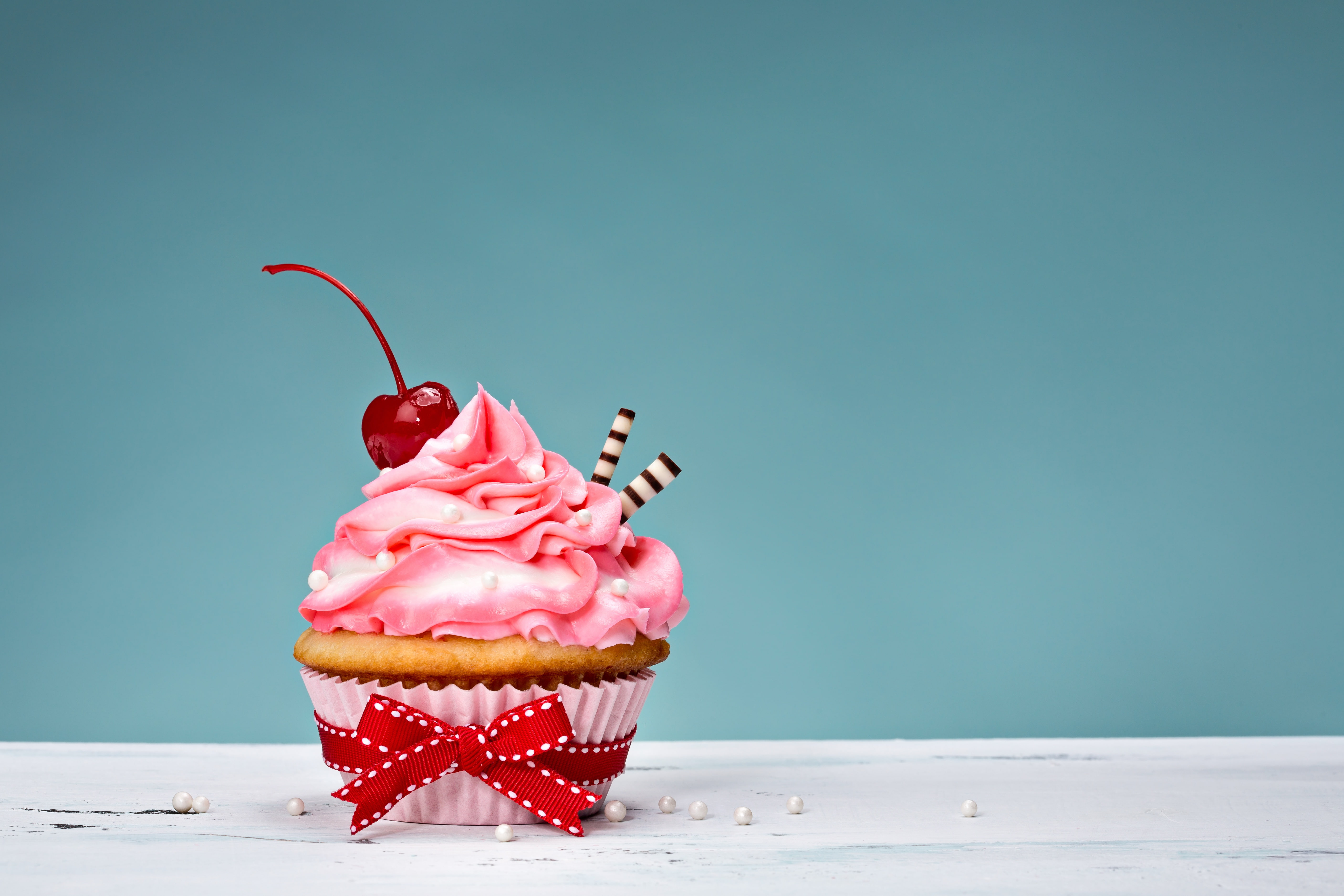 Happy Birthday, dessert, cupcake, cake, cream, pink, bow, sweet, 5K, HD Wallpaper