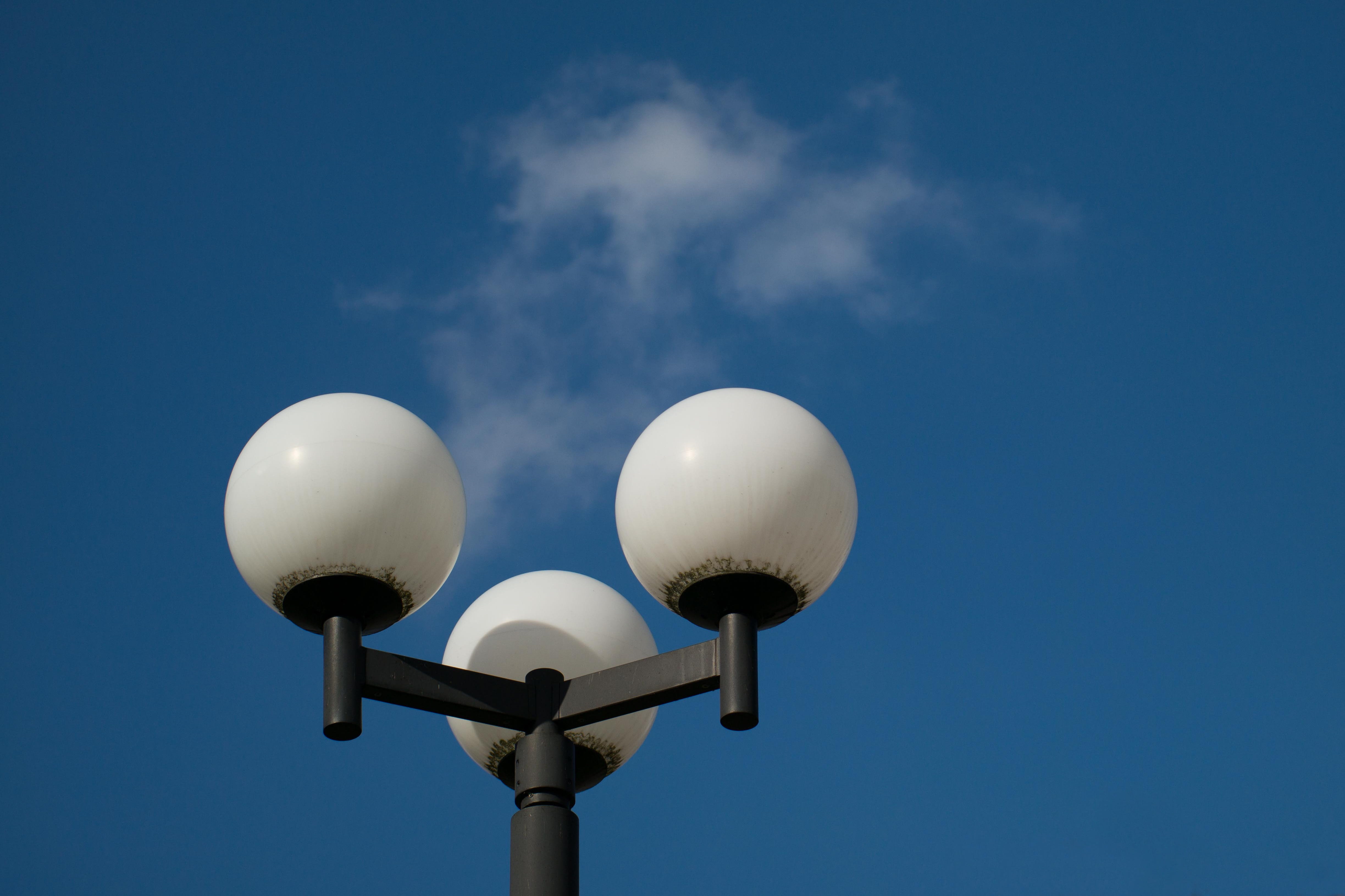 communication, street light, white color, speaker, street, white, lighting equipment, Lamp, nature, announcement message, 4K, outdoors, sky, blue, low angle view, HD Wallpaper