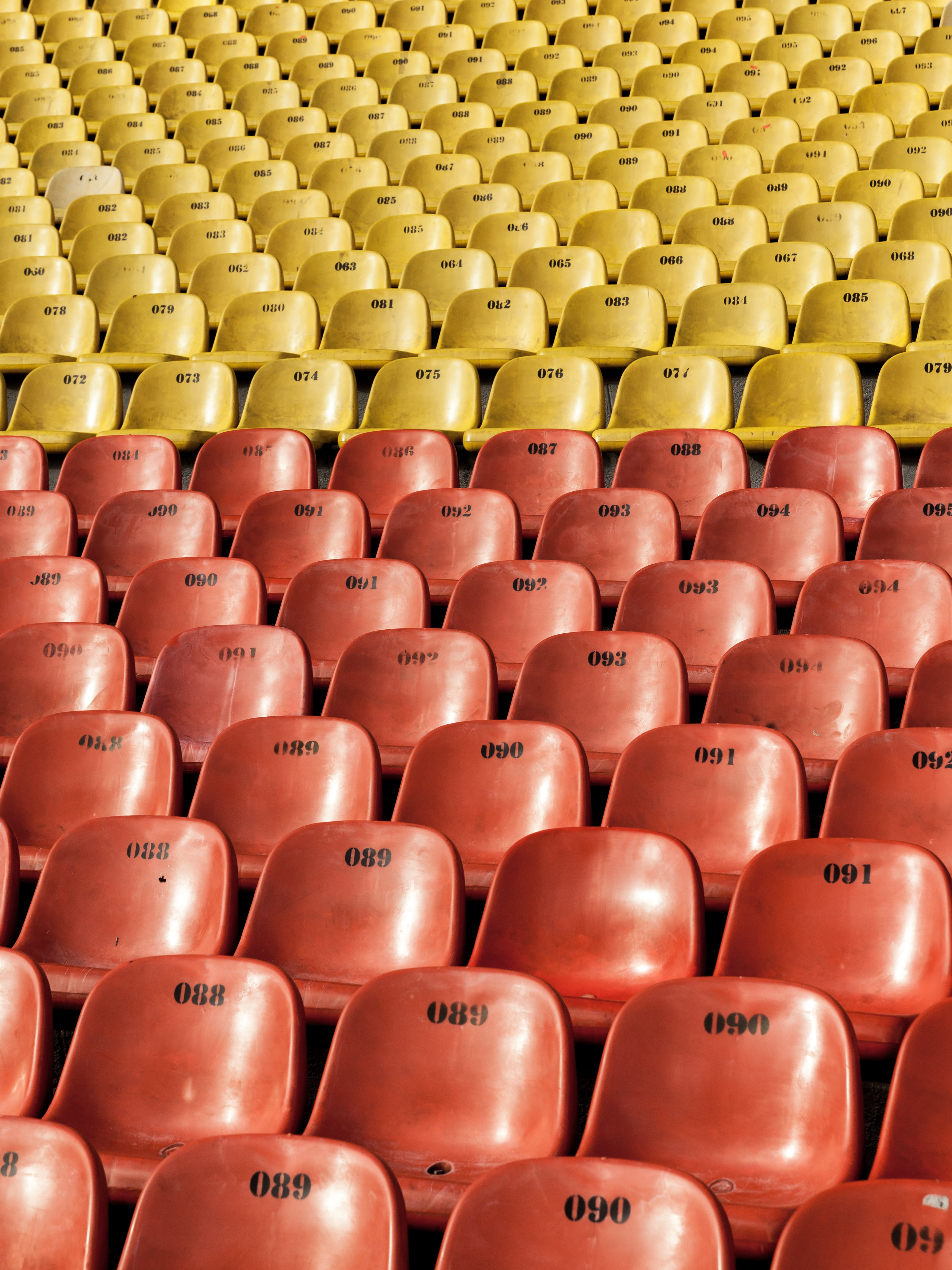 empty, arrangement, indoors, chair, in a row, lecture hall, abundance, numbers, backgrounds, absence, number, auditorium, no people, sport, 5K, large group of objects, Phone HD Wallpaper