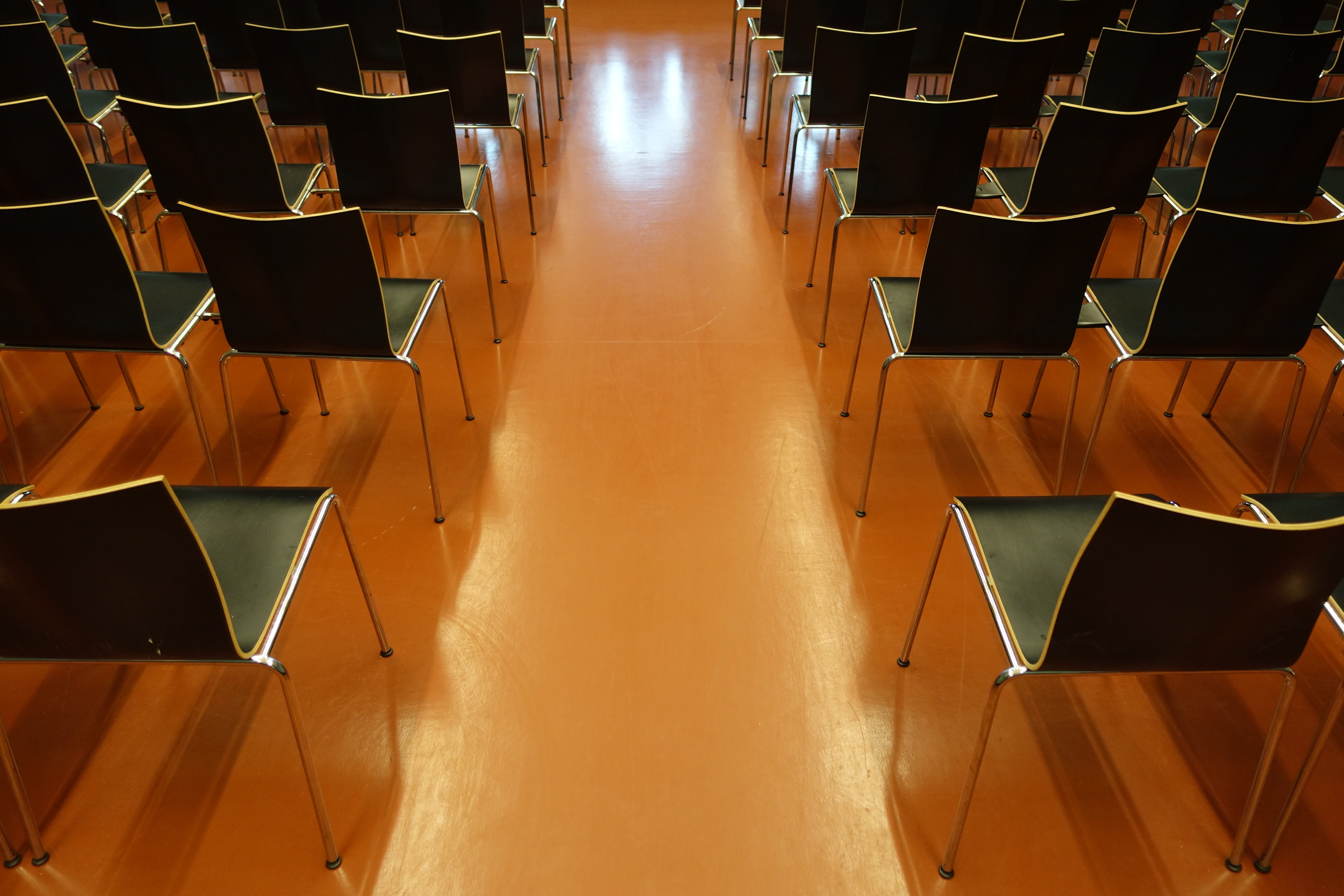 Chairs, wood - material, table, high angle view, chair, learning, illuminated, brown, no people, lot, 5K, stage, absence, seat, flooring, arrangement, HD Wallpaper