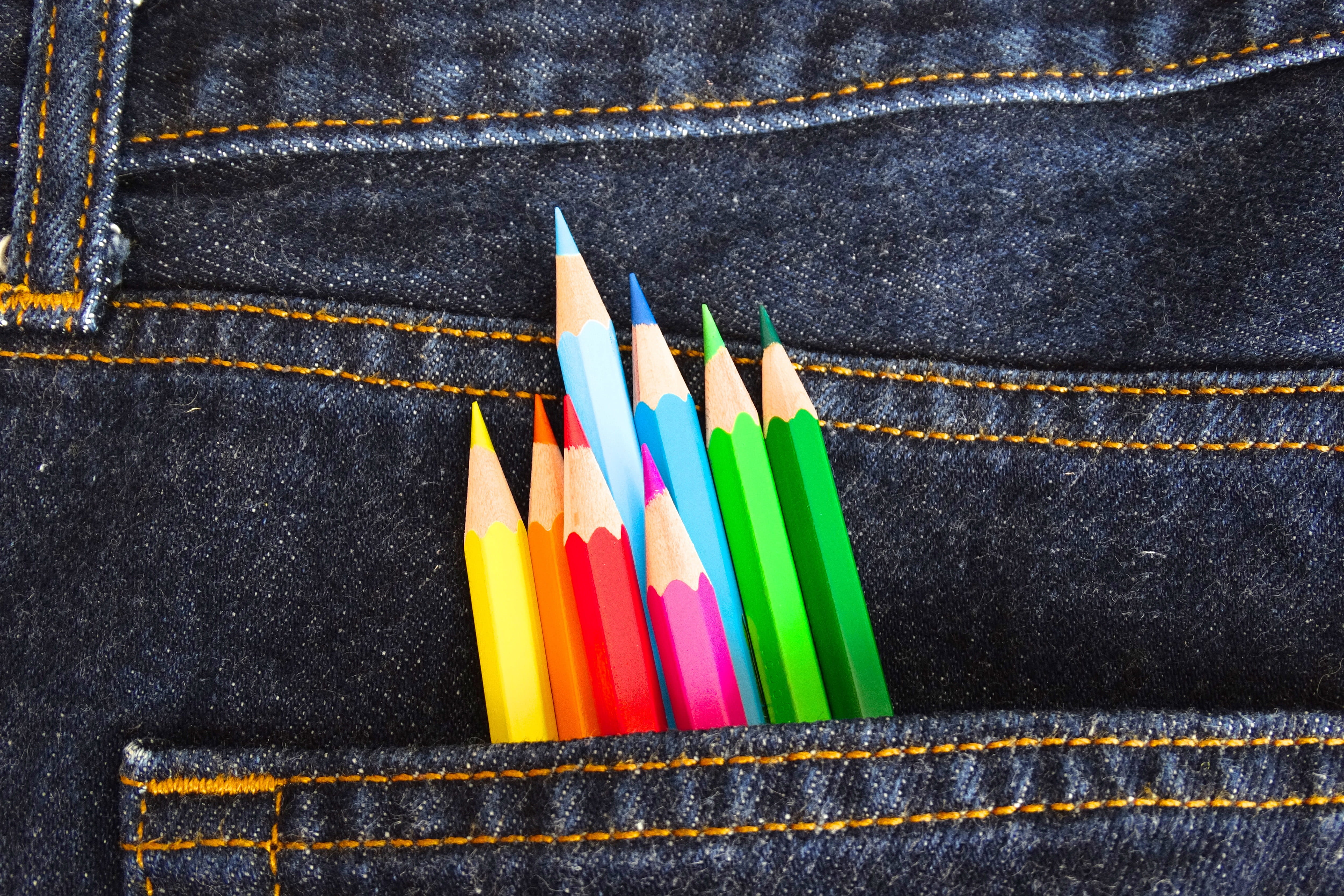 fabric, school, art and craft, group of objects, 4K, university, textile, blue, jeans, colored pencils, colored pencil, writing instrument, color Image, HD Wallpaper