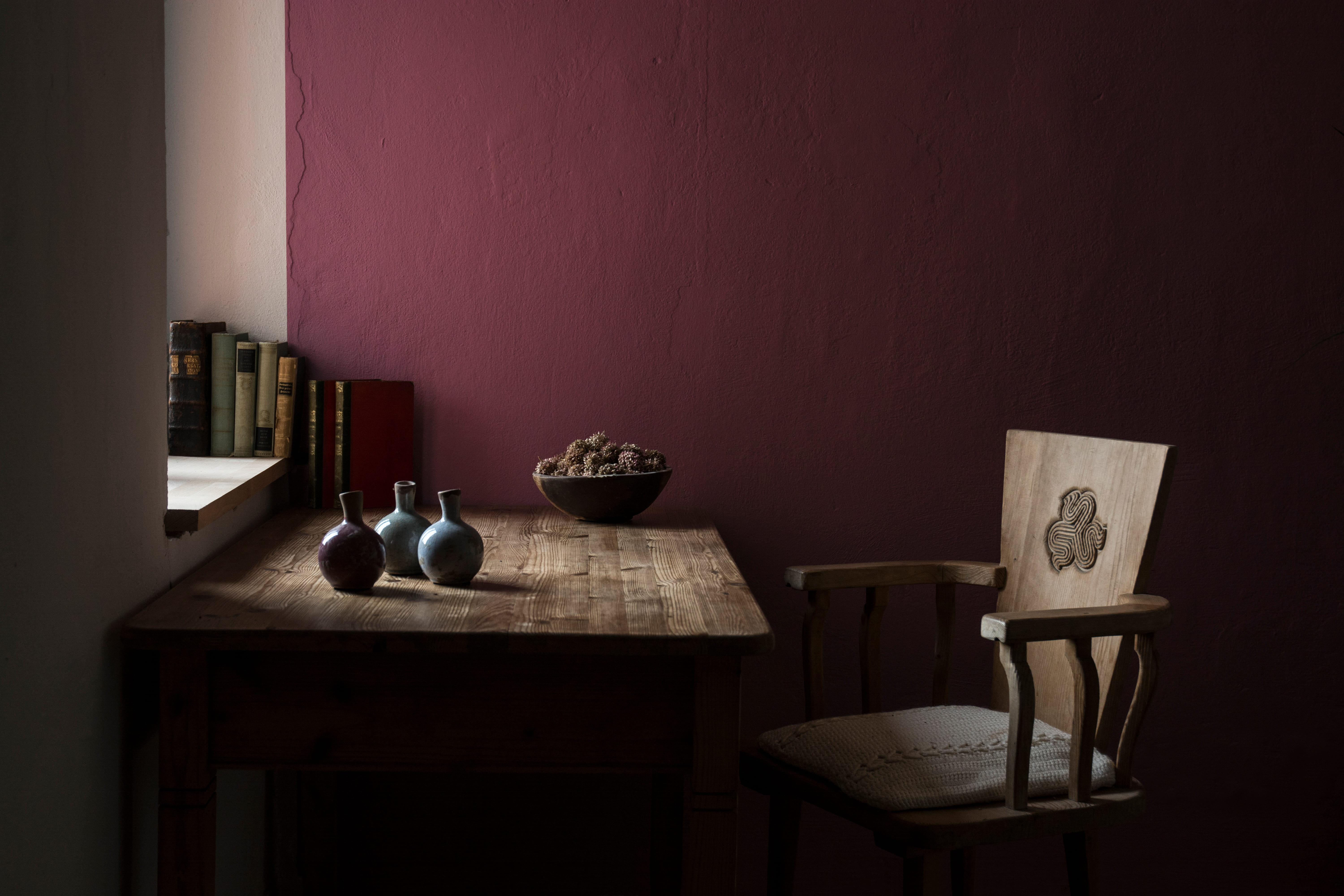 bowl, three, wood - material, domestic life, wall, beside, indoors, room, pitcher - jug, crockery, electric lamp, 5K, domestic room, chair, vases, desk, HD Wallpaper