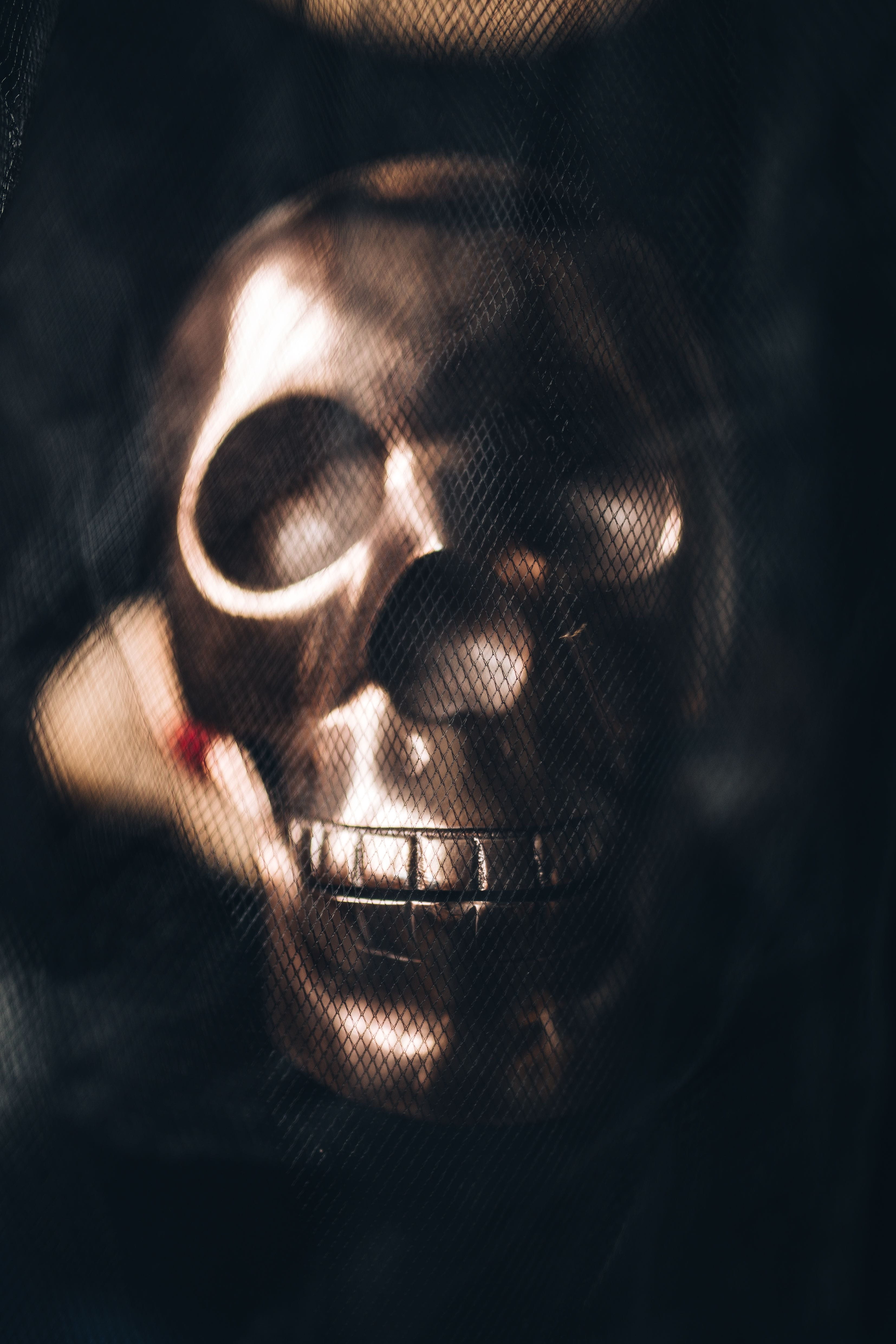young adult, horror, adults only, beauty, leather, skull, women, Halloween, decorations, dark, indoors, body part, human Face, beautiful woman, real people, Phone HD Wallpaper