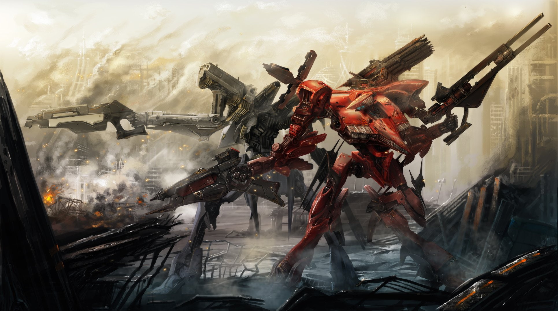 armored, weapon, fire, core, 1080P, cecetiv, ruins, answer, mecha, gun, HD Wallpaper