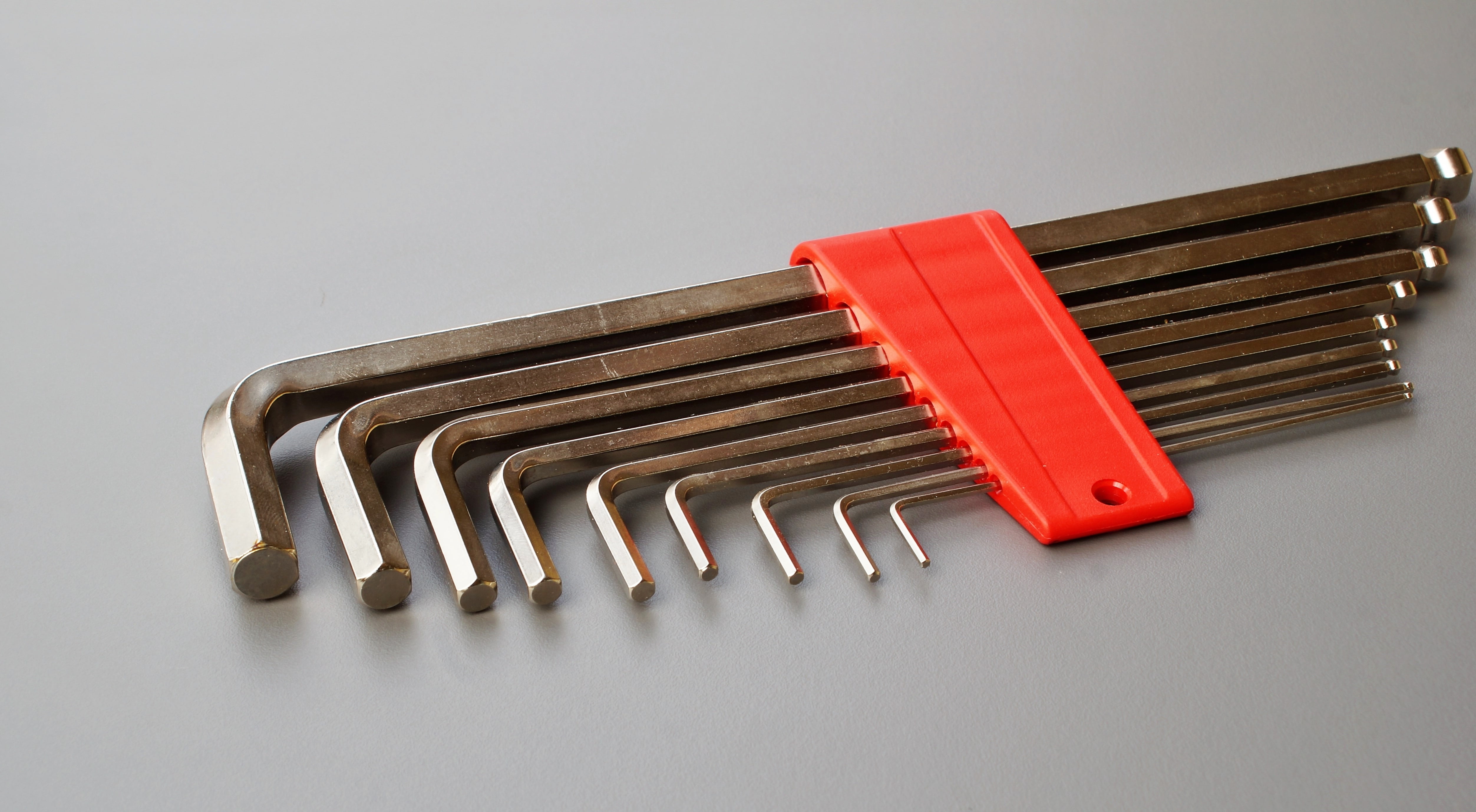 metal, steel, cut out, tool, ball head, indoors, technology, industry, order, group of objects, gray background, allen, screw, allen wrench, office, close-up, HD Wallpaper