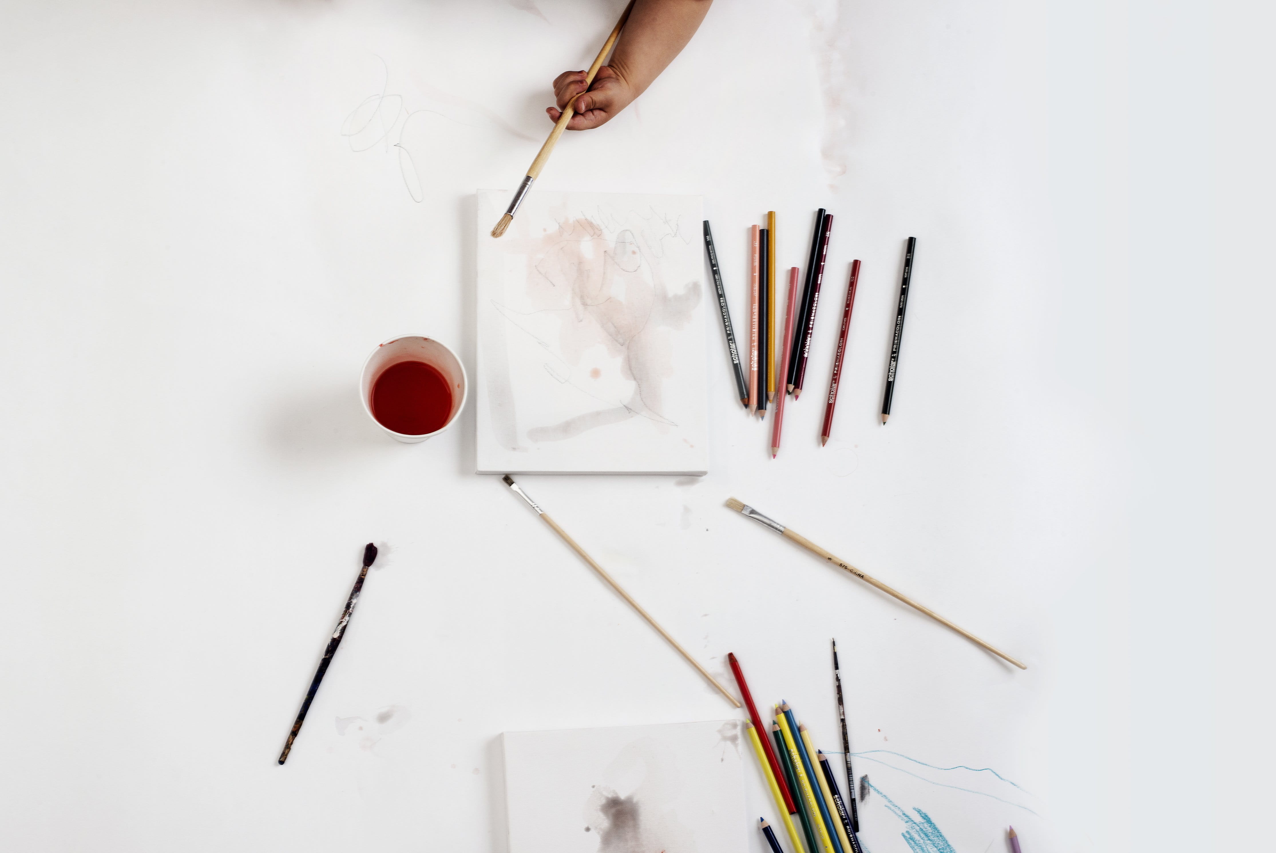 kids, pencil, white color, Arts, artist, watercolor paints, high angle view, paper, Children, Graphic Designer, Flatlay, paint, art, paintbrush, craft, HD Wallpaper