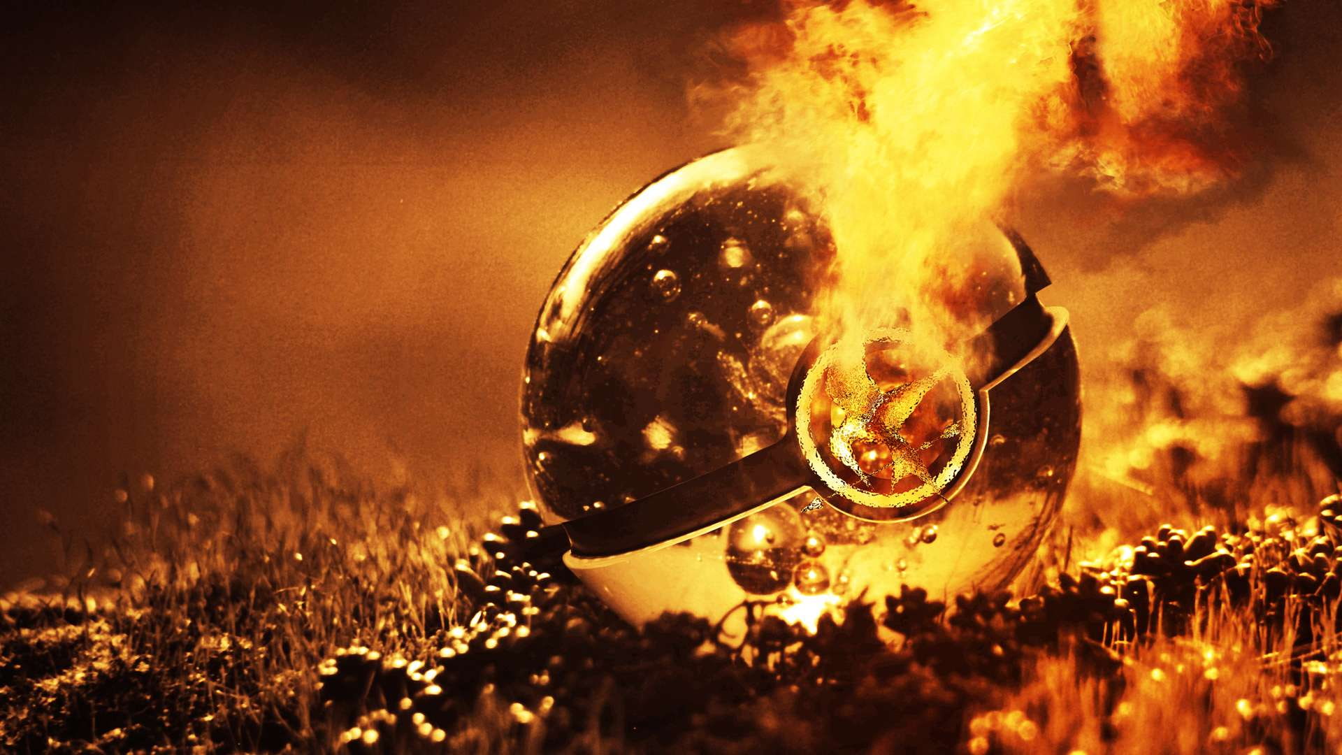 golden, games, pokeball, the hunger games, black, grass, gray, device, burning, fire, electronic, 1080P, hd, hunger, HD Wallpaper