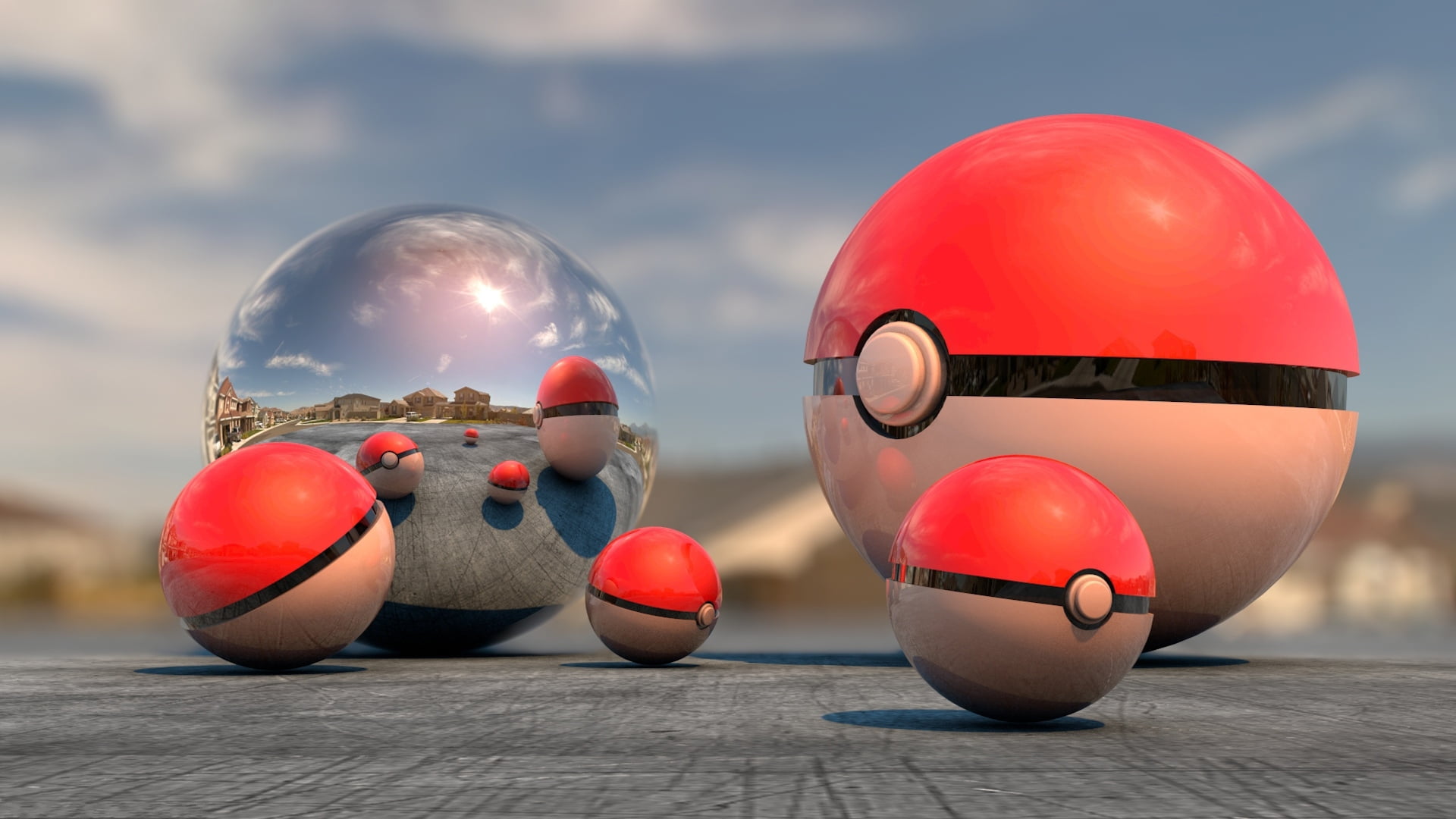 sky, 1080P, group of objects, multi Colored, red, nature, pokemon, toy, day, fun, reflection, cloud - sky, wood - Material, sphere, outdoors, shape, blue, HD Wallpaper