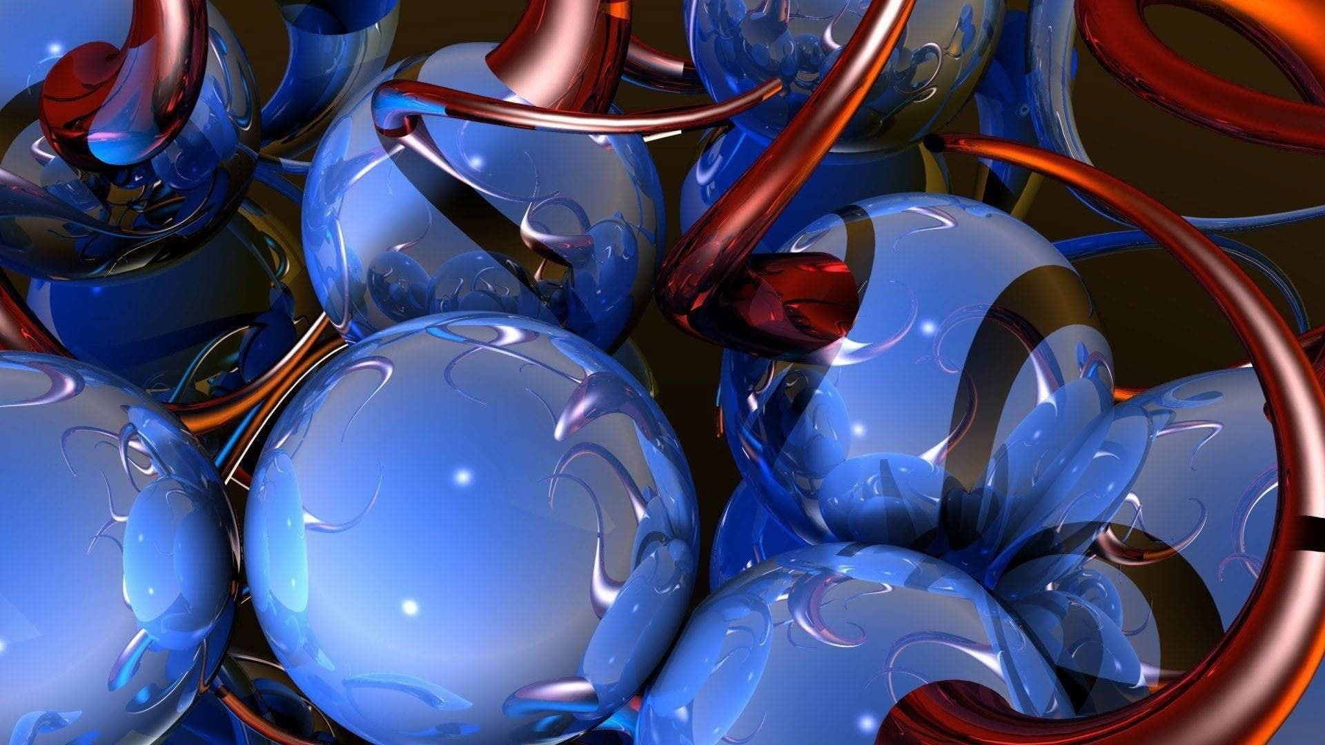 glossy, spheres, blue, 1080P, 3d and abstract, HD Wallpaper