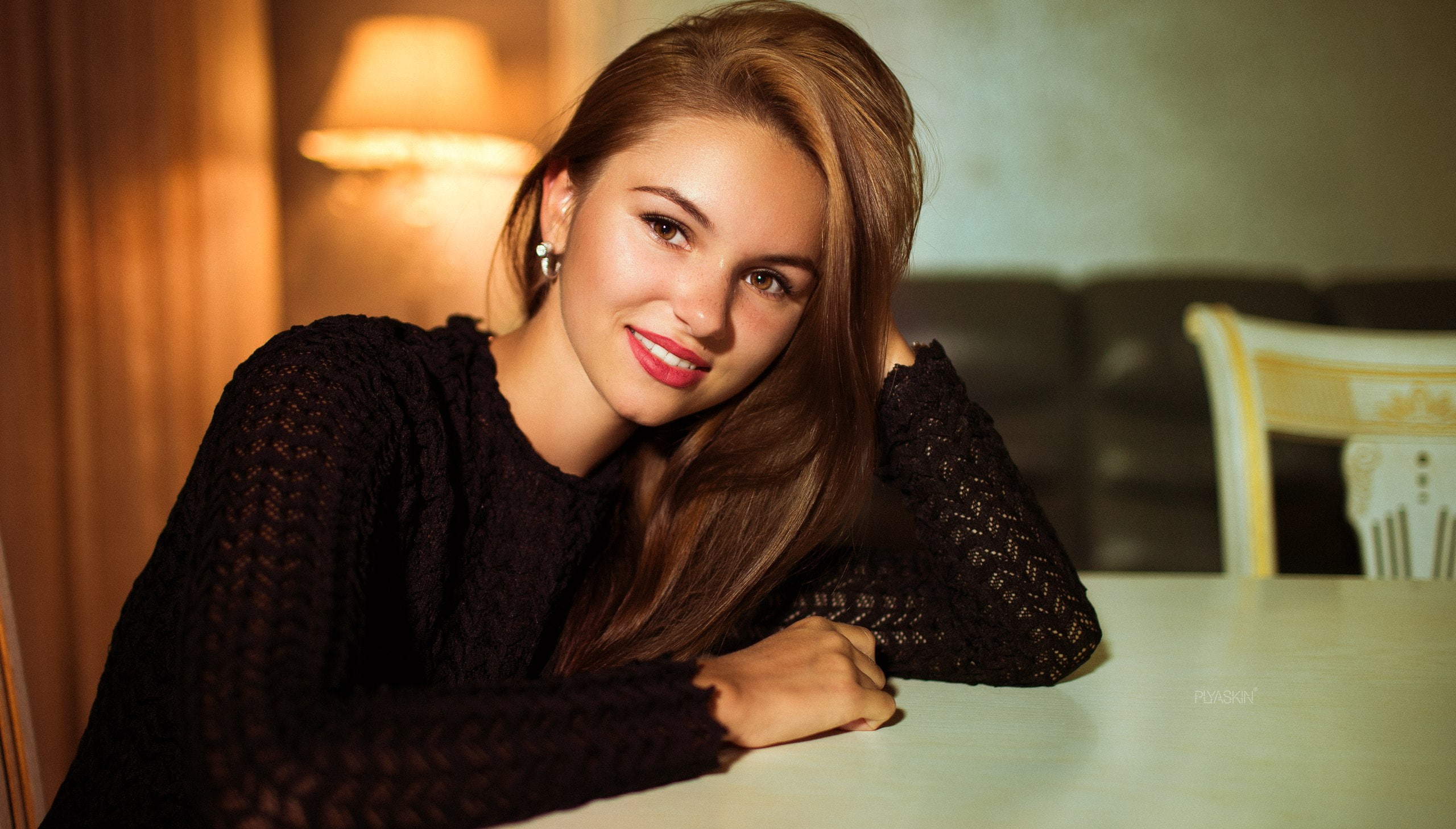 women, looking at viewer, smiling, Valeriya Mironets, brunette, black clothing, black sweater, open mouth, face, long hair, Vitaly Plyaskin, 2K, red lipstick, HD Wallpaper