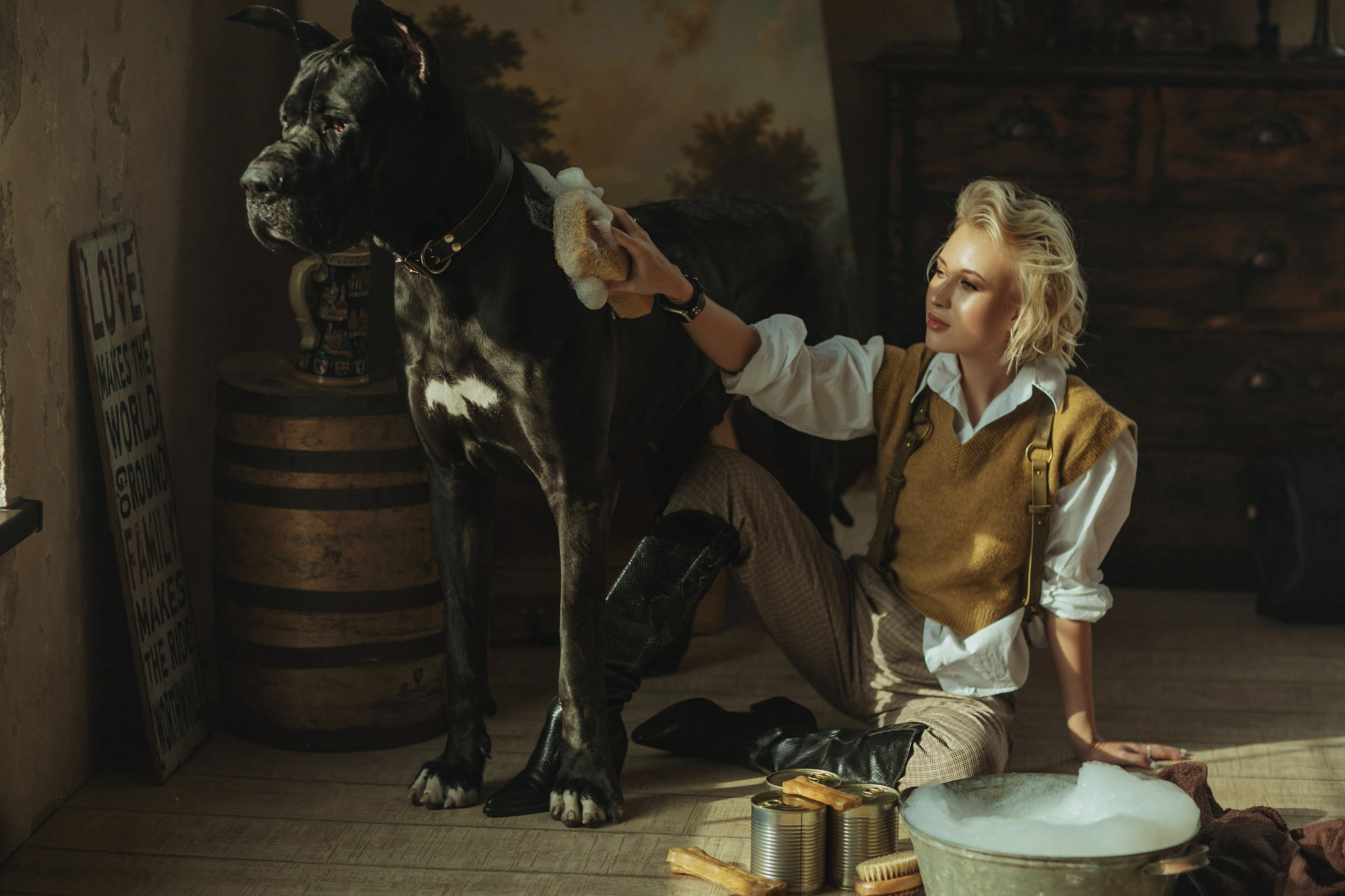 Taz, cane Corso, foam, Valeriya Mytnik, 1080P, vest, pose, boots, blonde, girl, pants, dog, HD Wallpaper