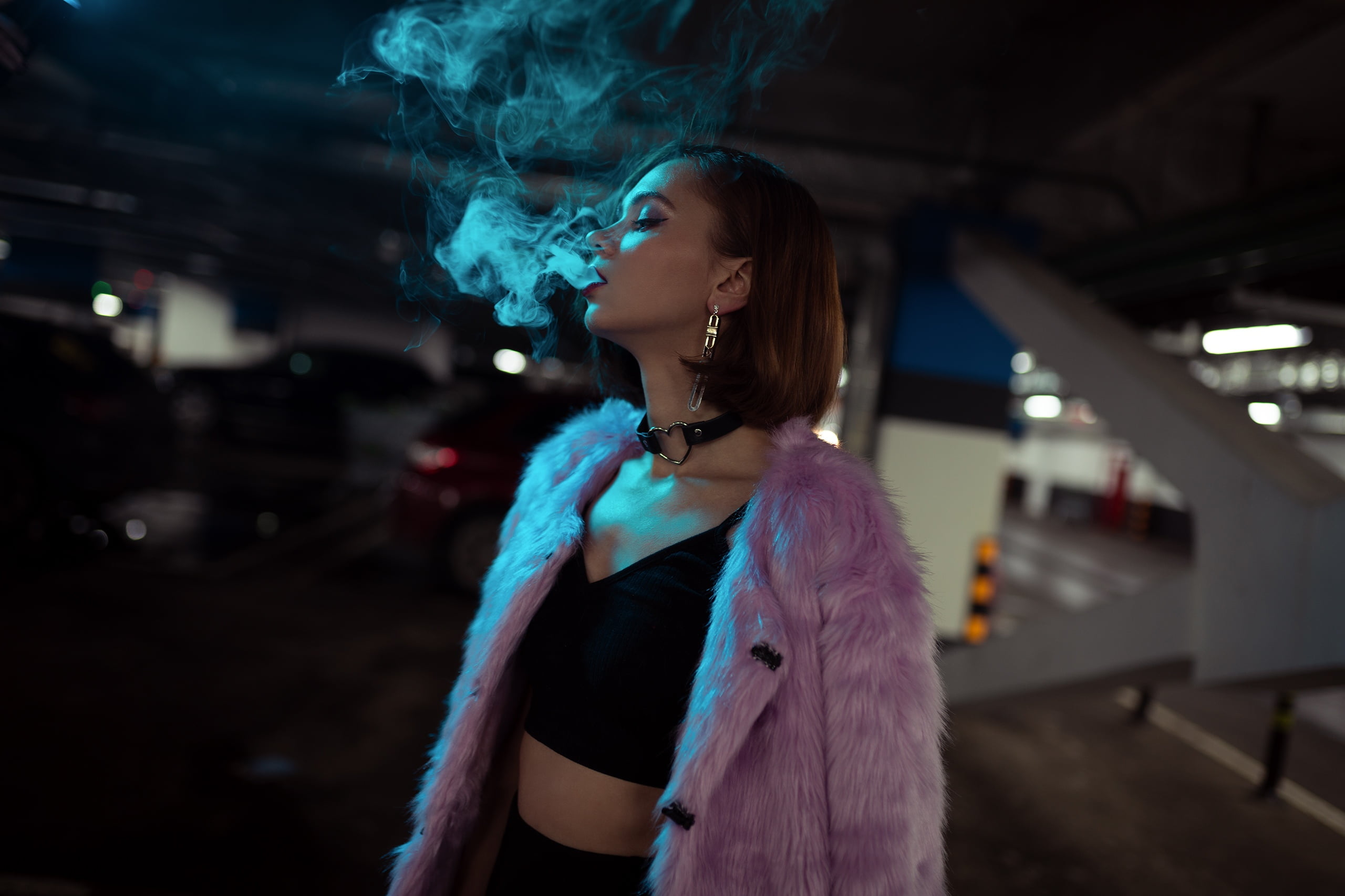 car park, 2K, Karim Imamiev, smoking, Valeriya Ranevskaya, choker, HD Wallpaper