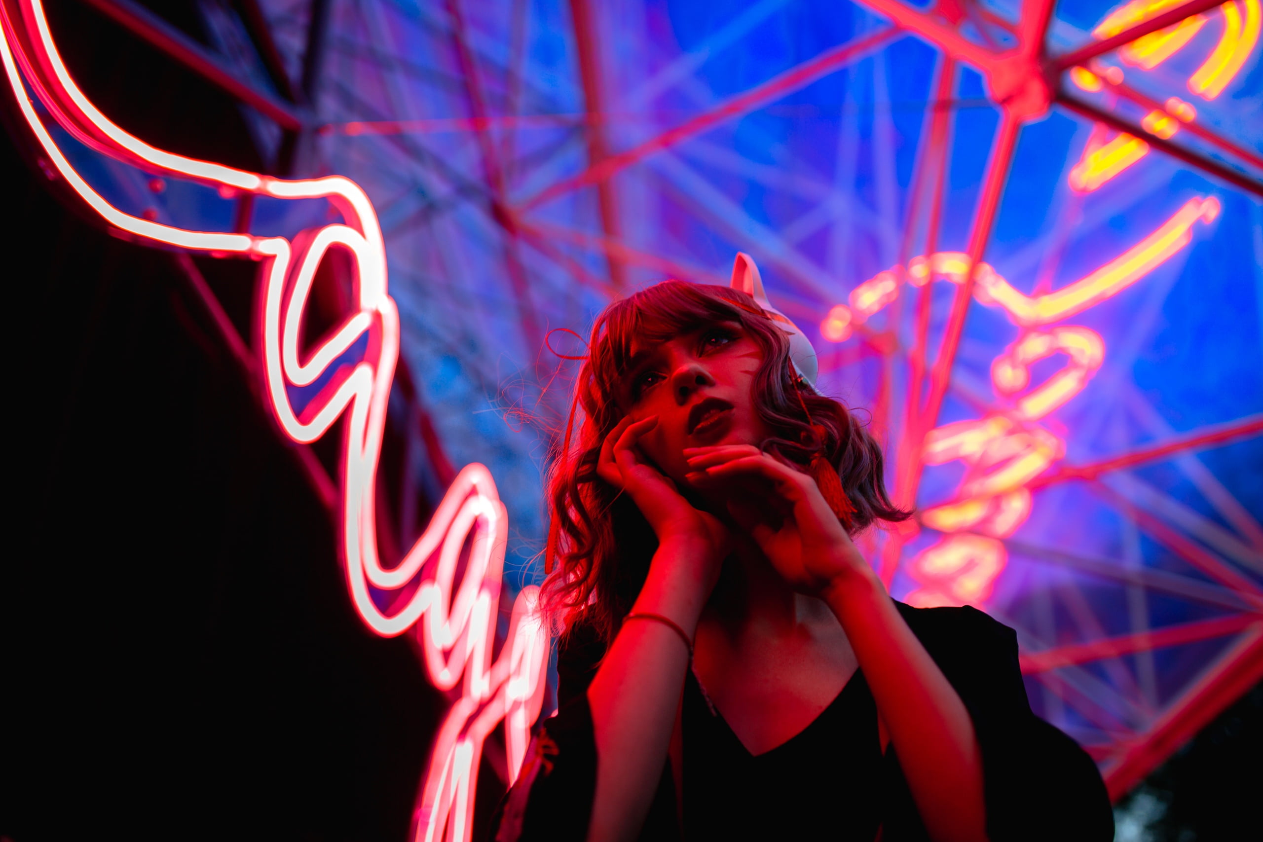 Mikhail Shvetsov, neon, Valeriya Ranevskaya, fox girl, 2K, HD Wallpaper