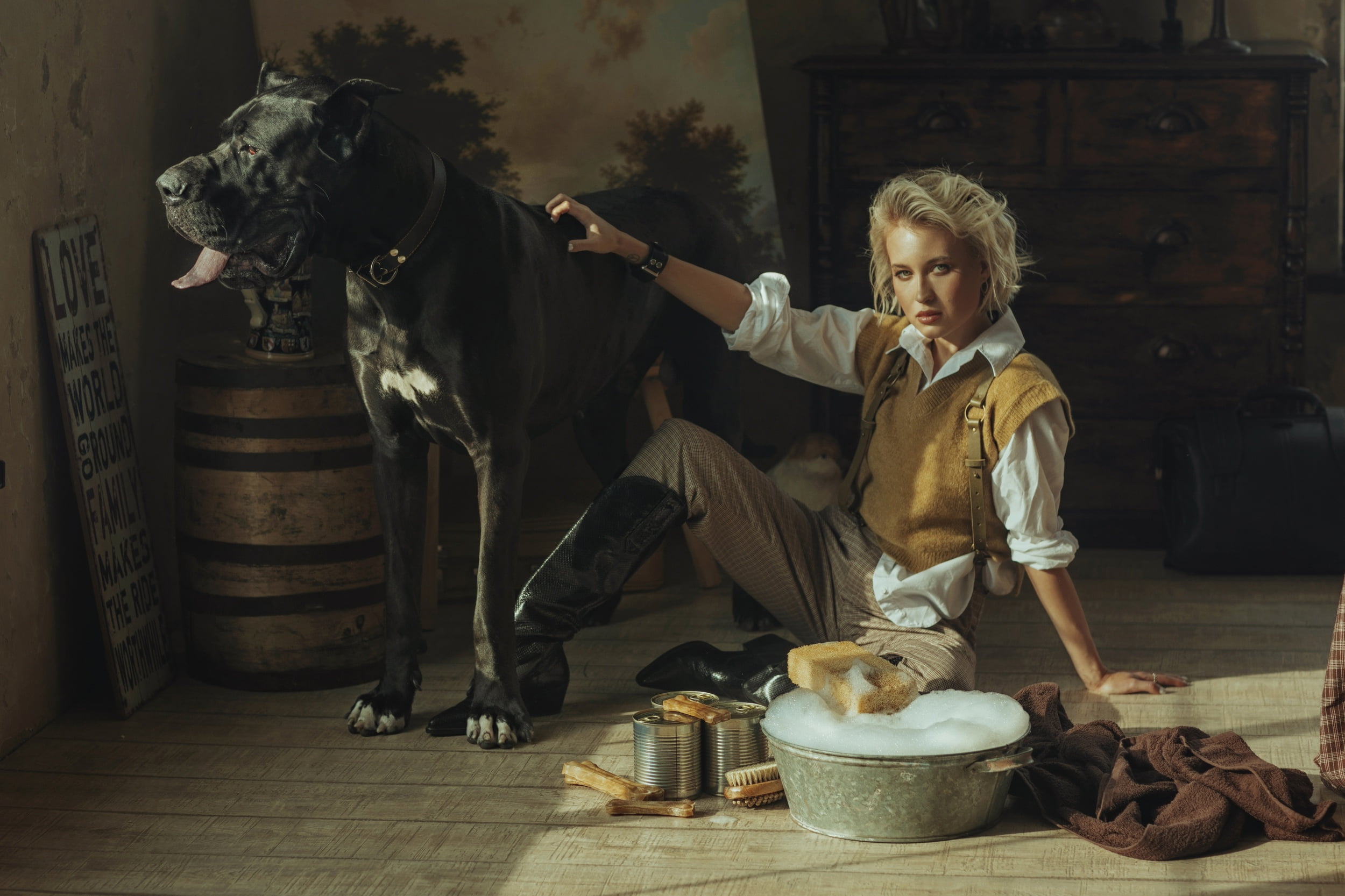 girl, boots, blonde, cane Corso, look, Valeriya Mytnik, pose, 1080P, dog, Taz, HD Wallpaper