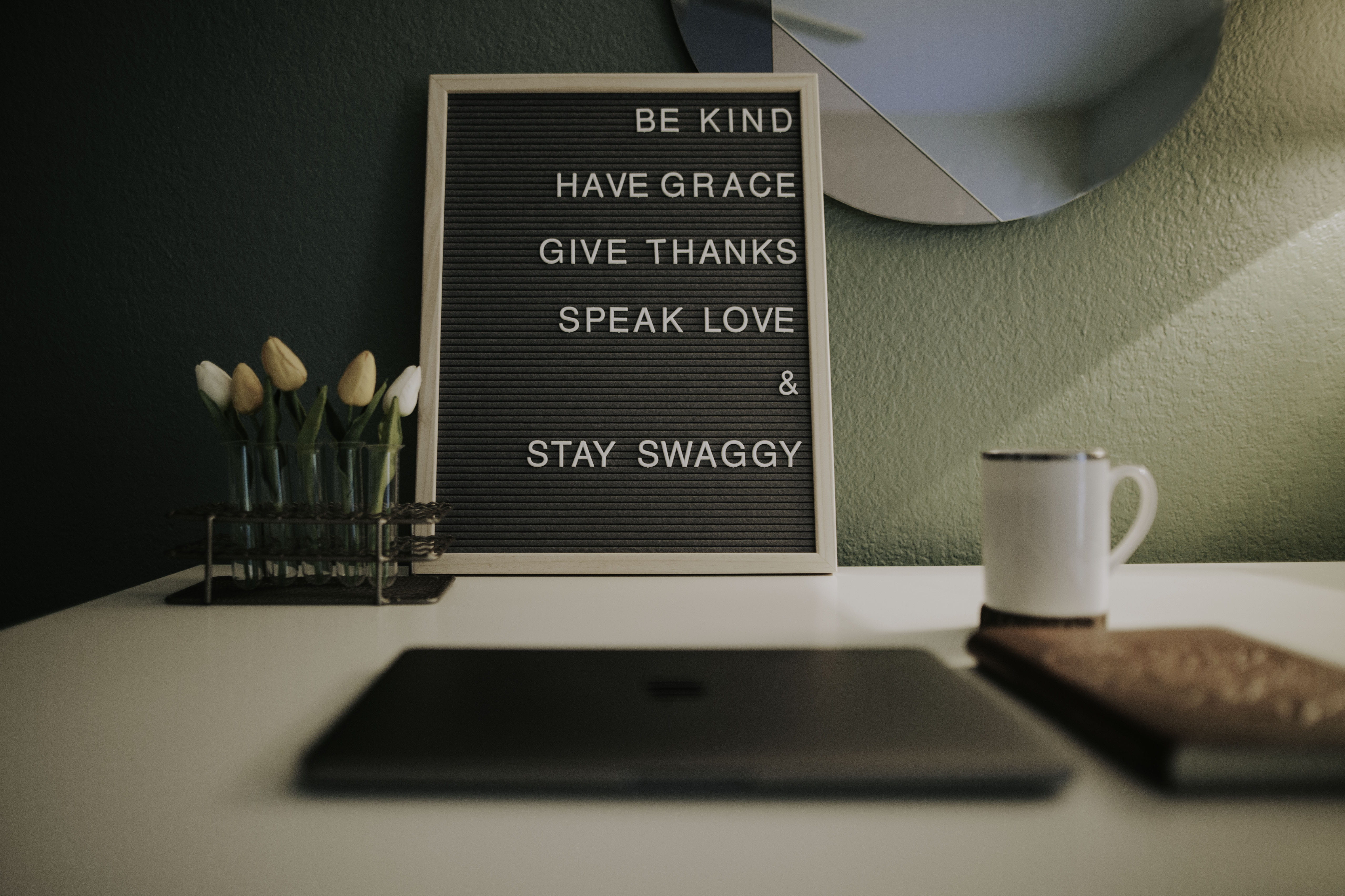 4K, desk, rectangular, message, plant, wall, text, motebook, indoors, quote, flower, food and drink, refreshment, technology, coffee cup, close-up, coffee - drink, HD Wallpaper