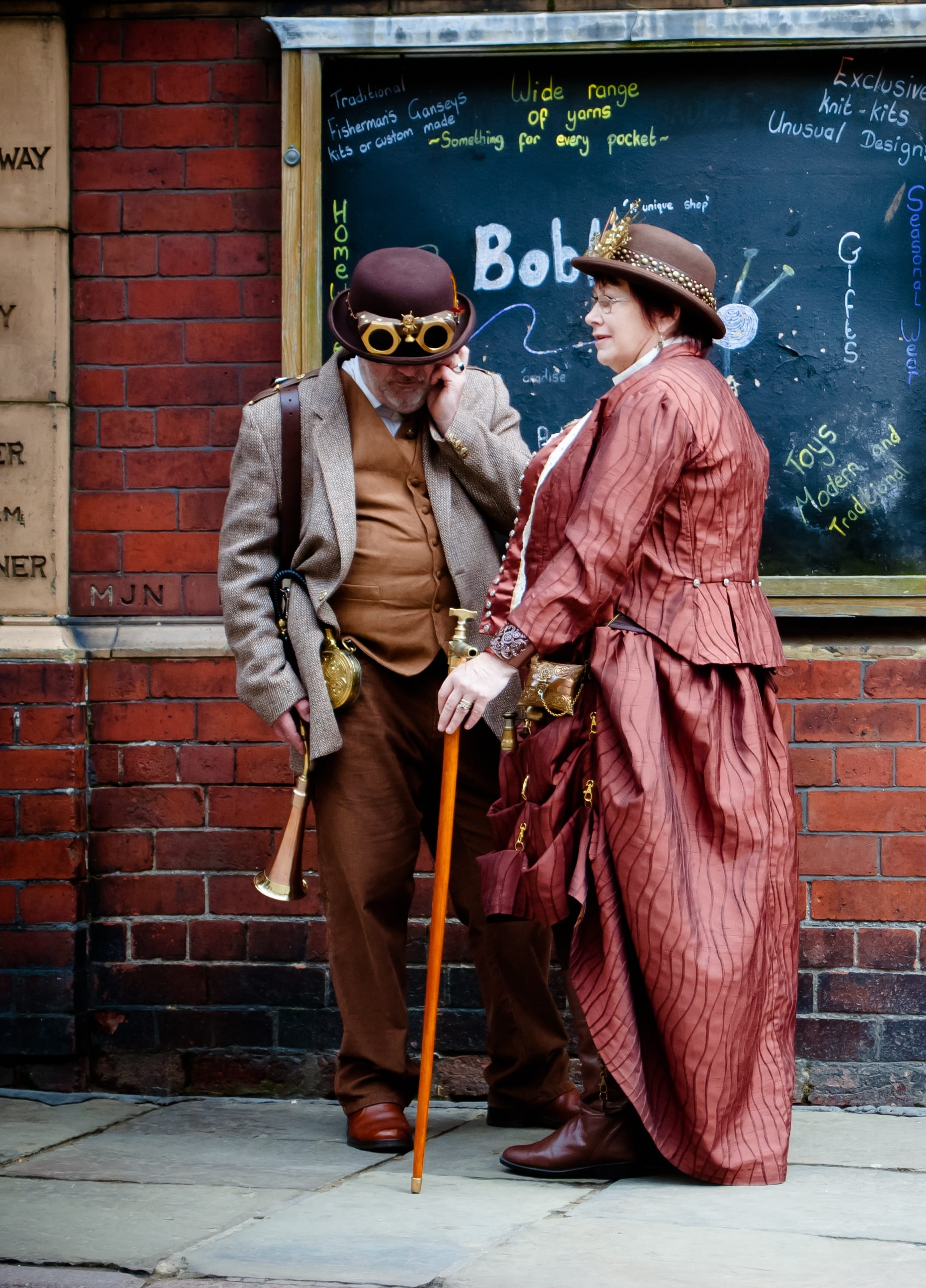 women, man, adult, two people, brick wall, using, 2K, behind, full length, real people, senior women, senior adult, casal, beside, steam-punk, togetherness, Phone HD Wallpaper