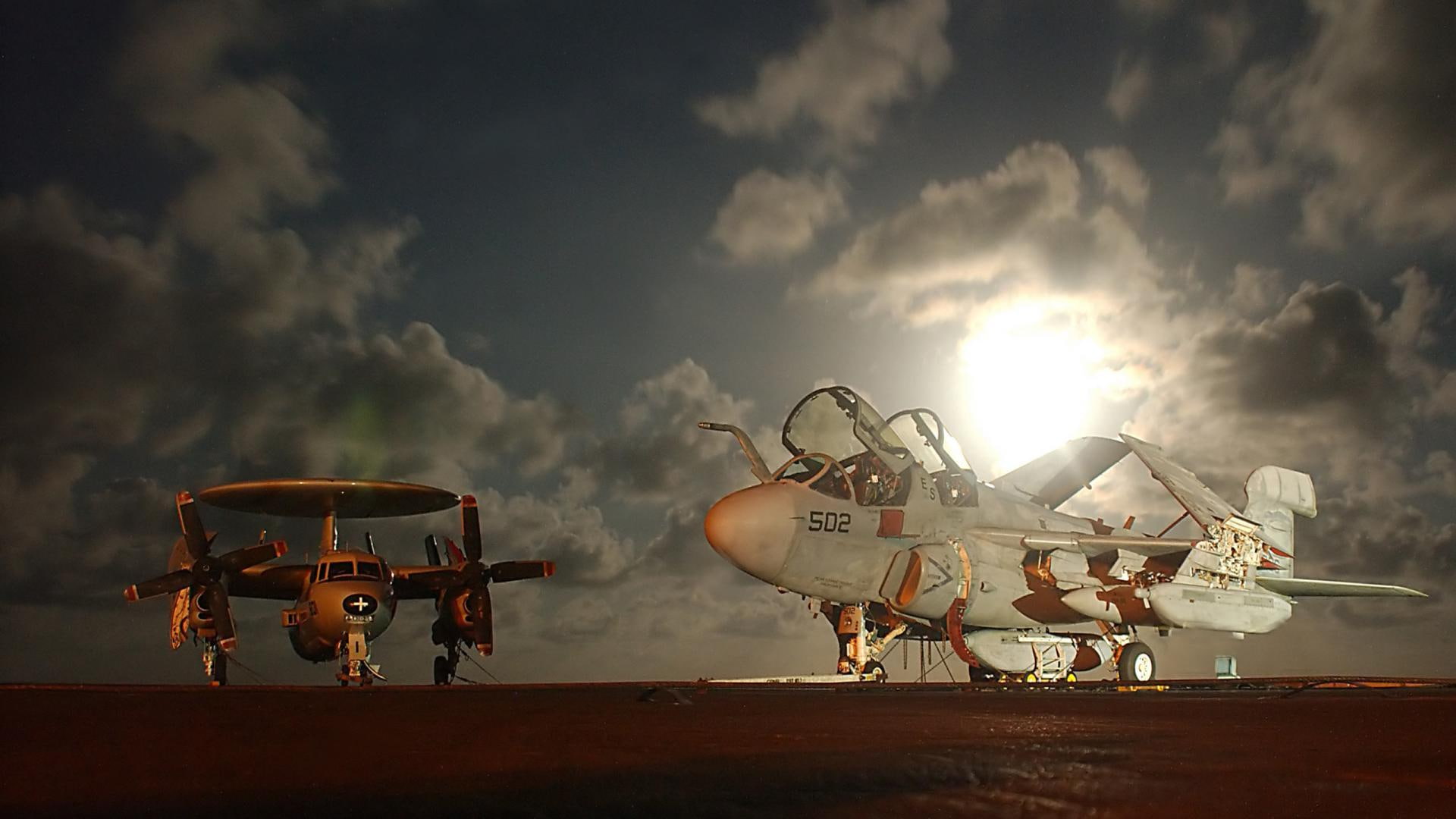 1080P, planes, parked, fighter, clouds, two, aircraft carrier, carrier, aircraft planes, aircraft, HD Wallpaper