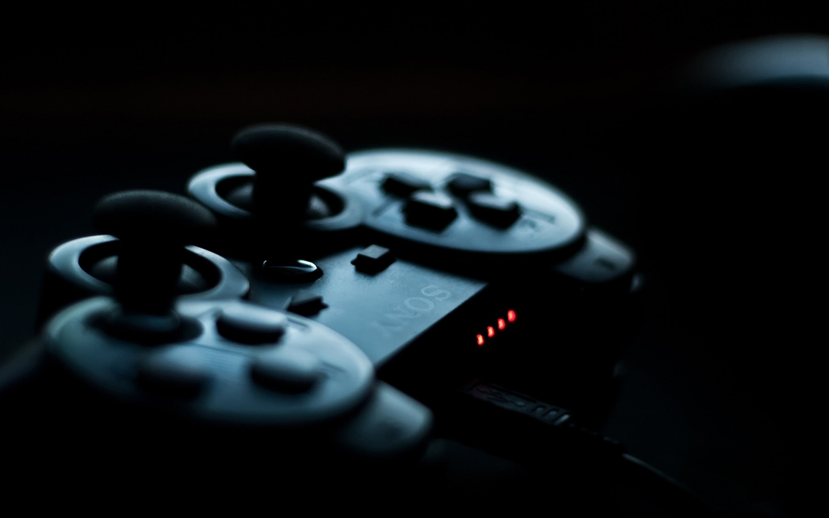 PlayStation, close-up, equipment, number, communication, video games, selective focus, controllers, black, control, high angle view, electrical equipment, HD Wallpaper