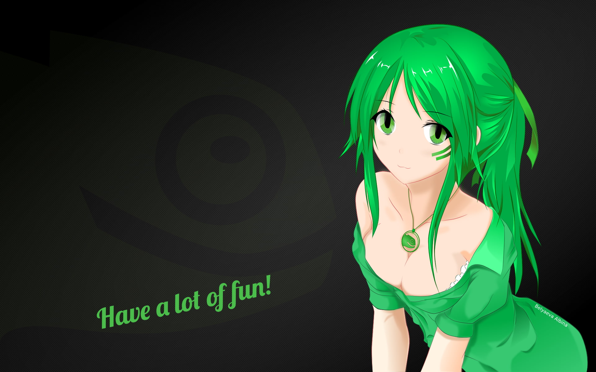 1080P, os-tan, beautiful woman, portrait, dyed hair, openSUSE, fashion, clothing, green color, beauty, black background, young adult, waist up, hairstyle, HD Wallpaper