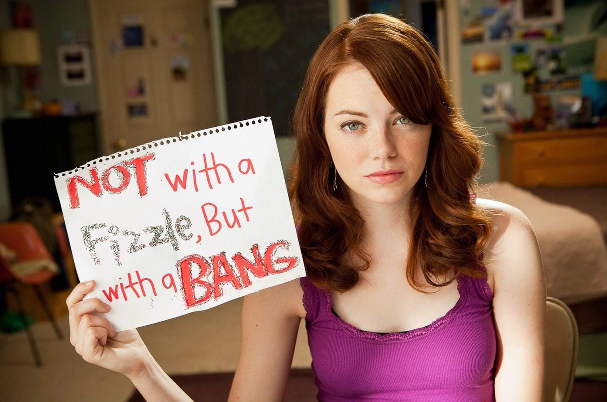 text, headshot, portrait, redhead, focus on foreground, hairstyle, women, beauty, looking at camera, adult, communication, indoors, Easy A, young adult, HD Wallpaper