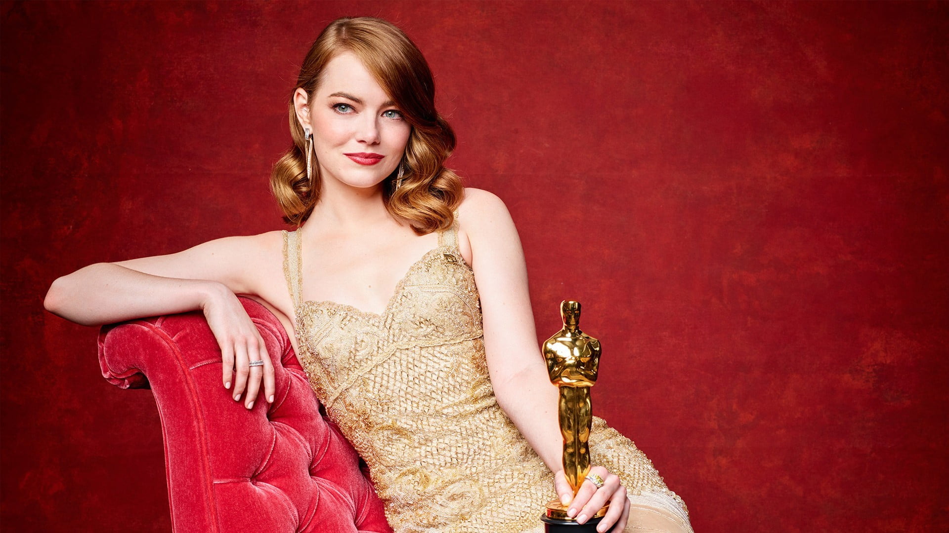 1080P, Oscars, beauty, beautiful people, adult, red, colored background, smiling, hair, portrait, young women, glamour, women, happiness, fashion, celebrity, HD Wallpaper