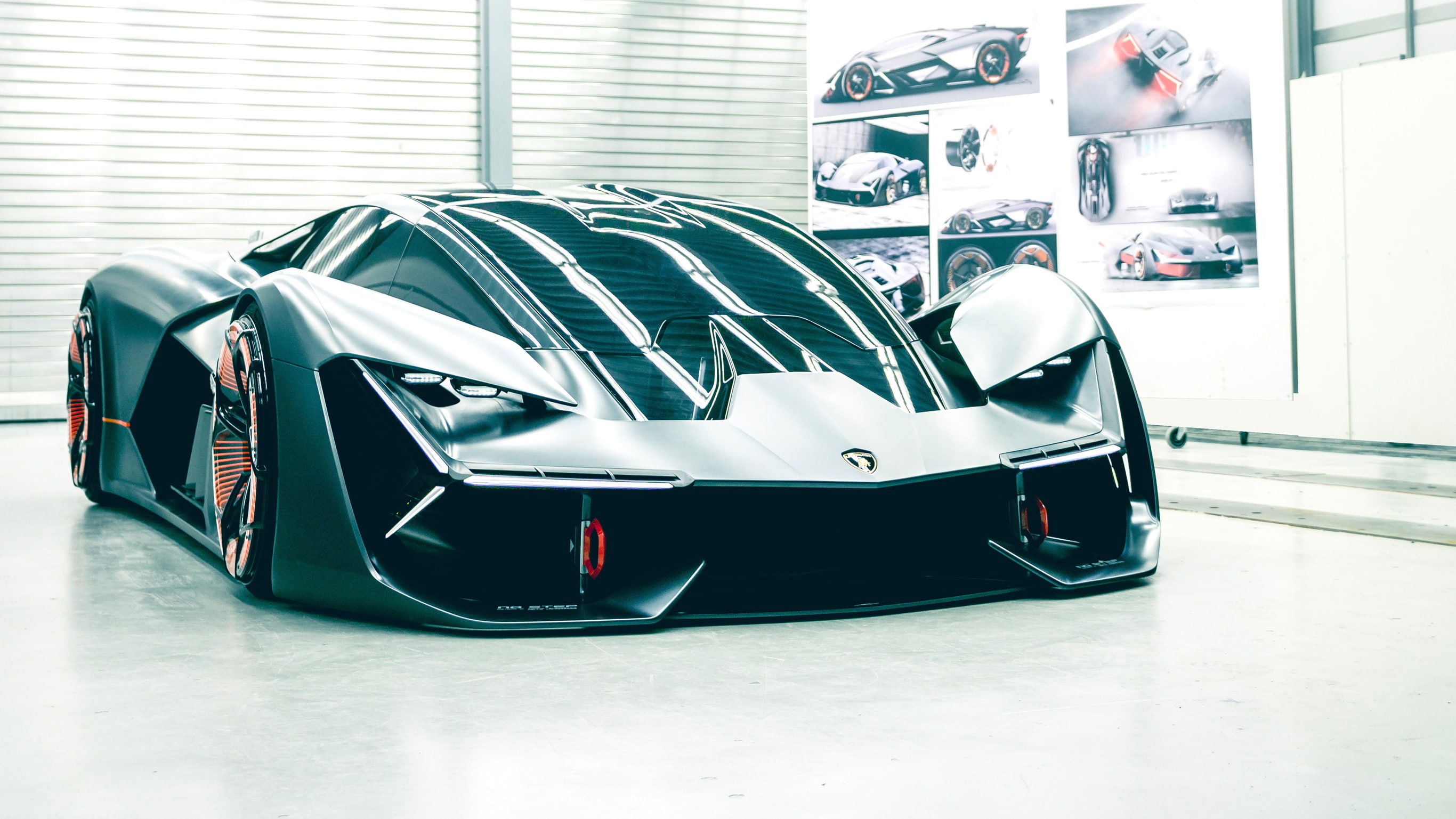 flooring, concrete, Sports car, black, Electric cars, Lamborghini Terzo Millennio, gray, sports, car, 2K, HD, HD Wallpaper