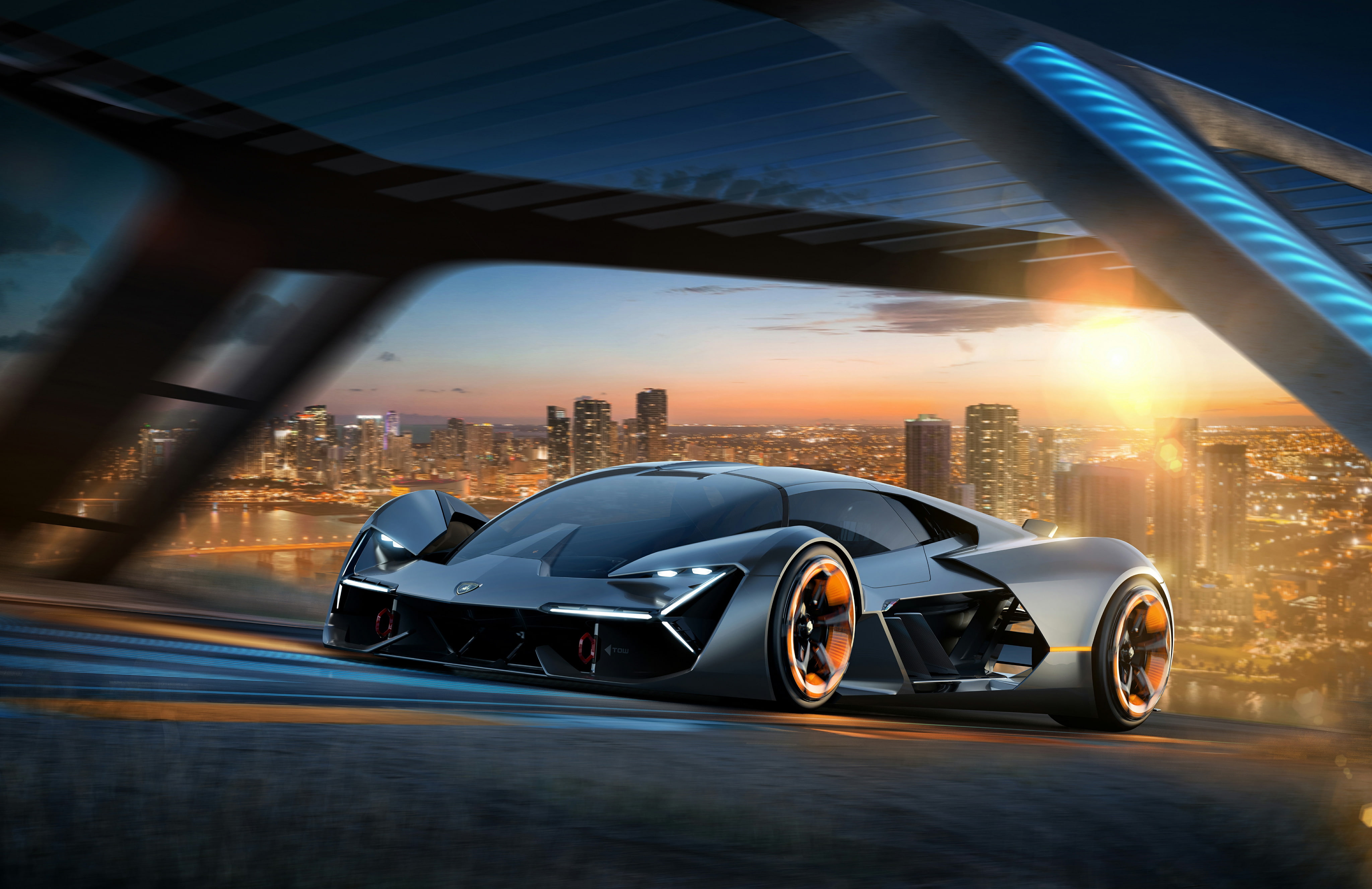 luxury, reflection, 4k, land vehicle, skyscraper, sunset, concept cars, lamborghini terzo millennio, motor vehicle, motion, 4K, road, office building exterior, HD Wallpaper